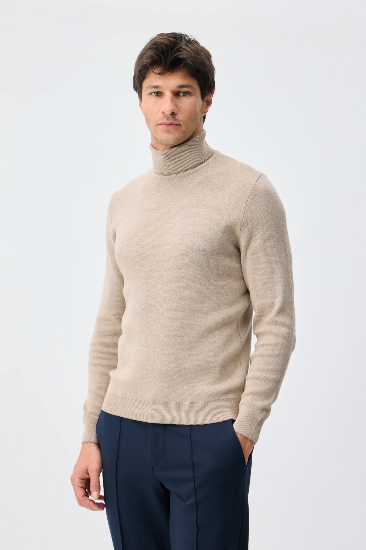 Balıkçı Yaka Triko - A.Vizon/Bej