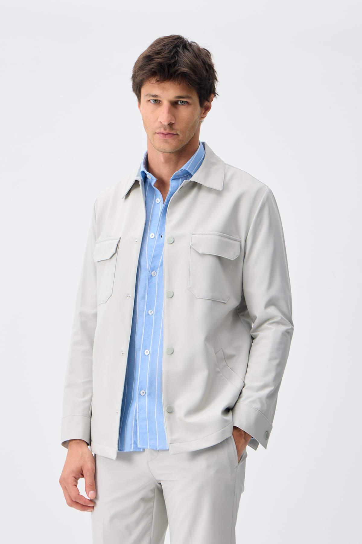 Teknik Dokulu Overshirt Ceket - Taş