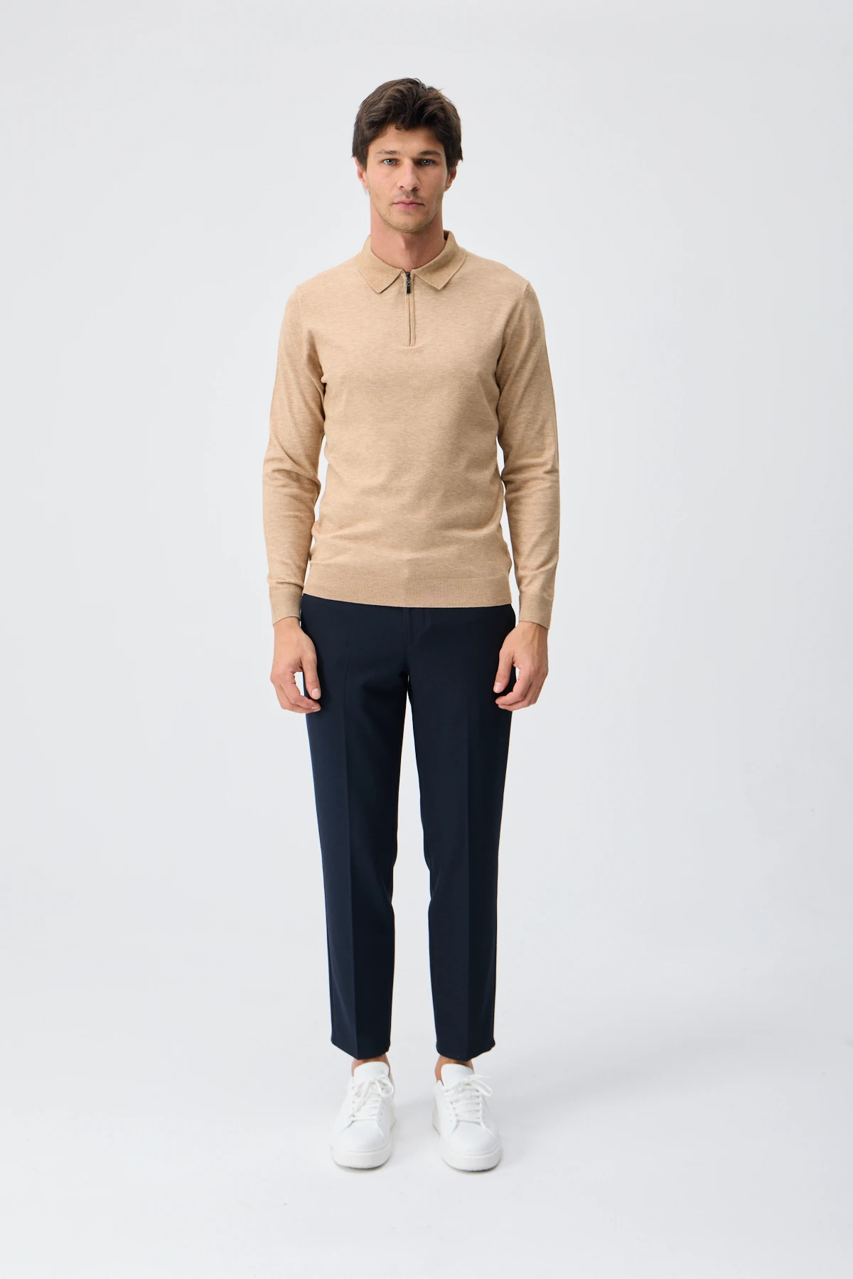 Kaşmir Karışımlı Fermuarlı Polo Yaka Triko - Camel