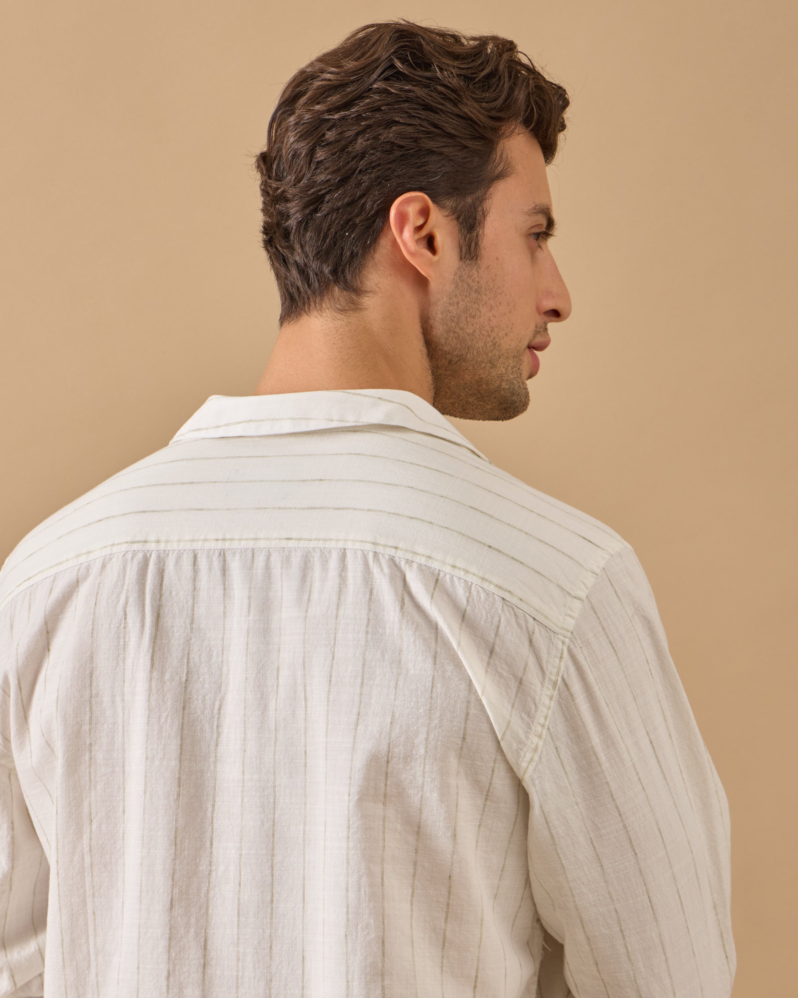 İnce Çizgili Relaxed Fit Keten Gömlek - Haki
