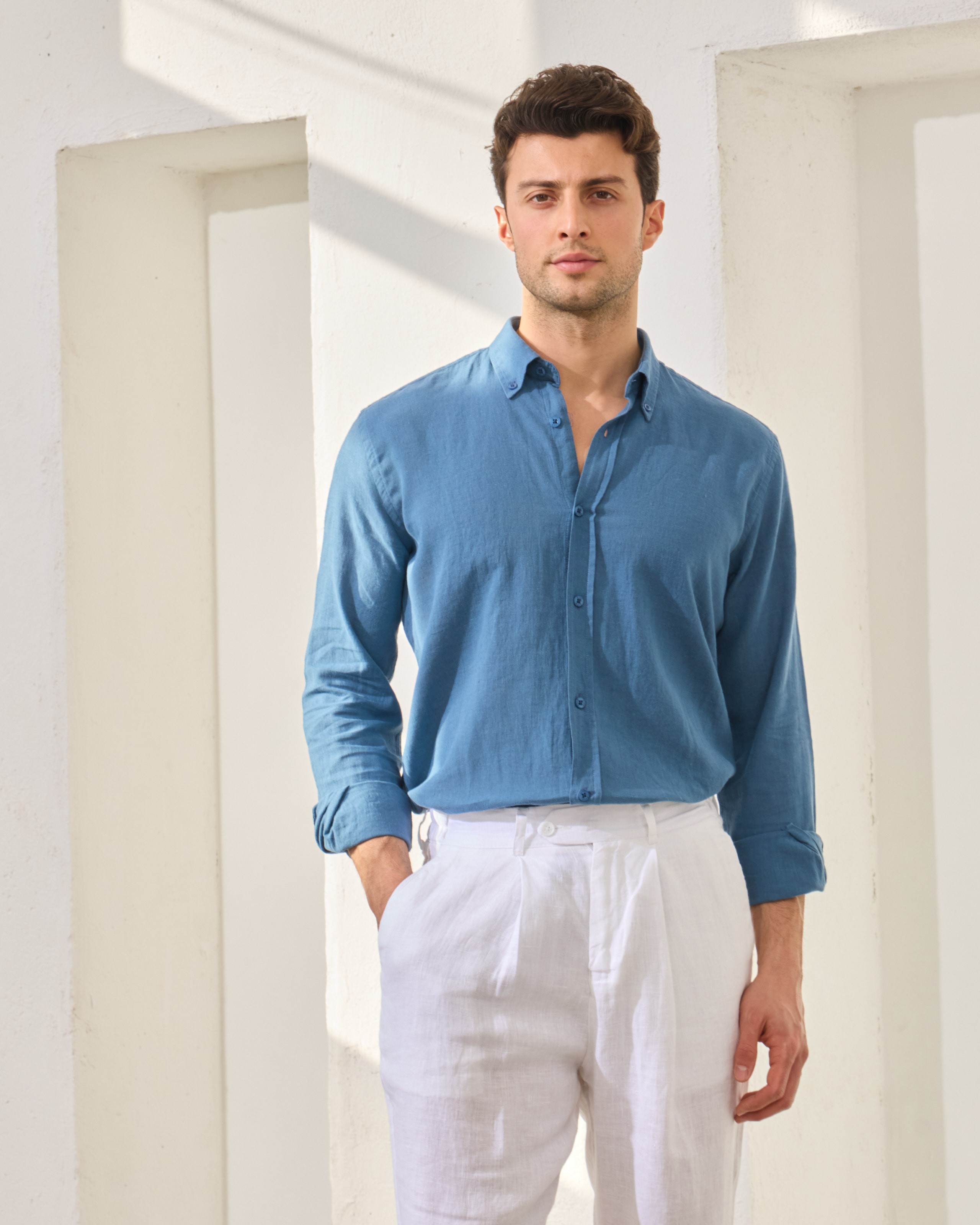 %100 Keten Pileli Regular Fit Pantolon