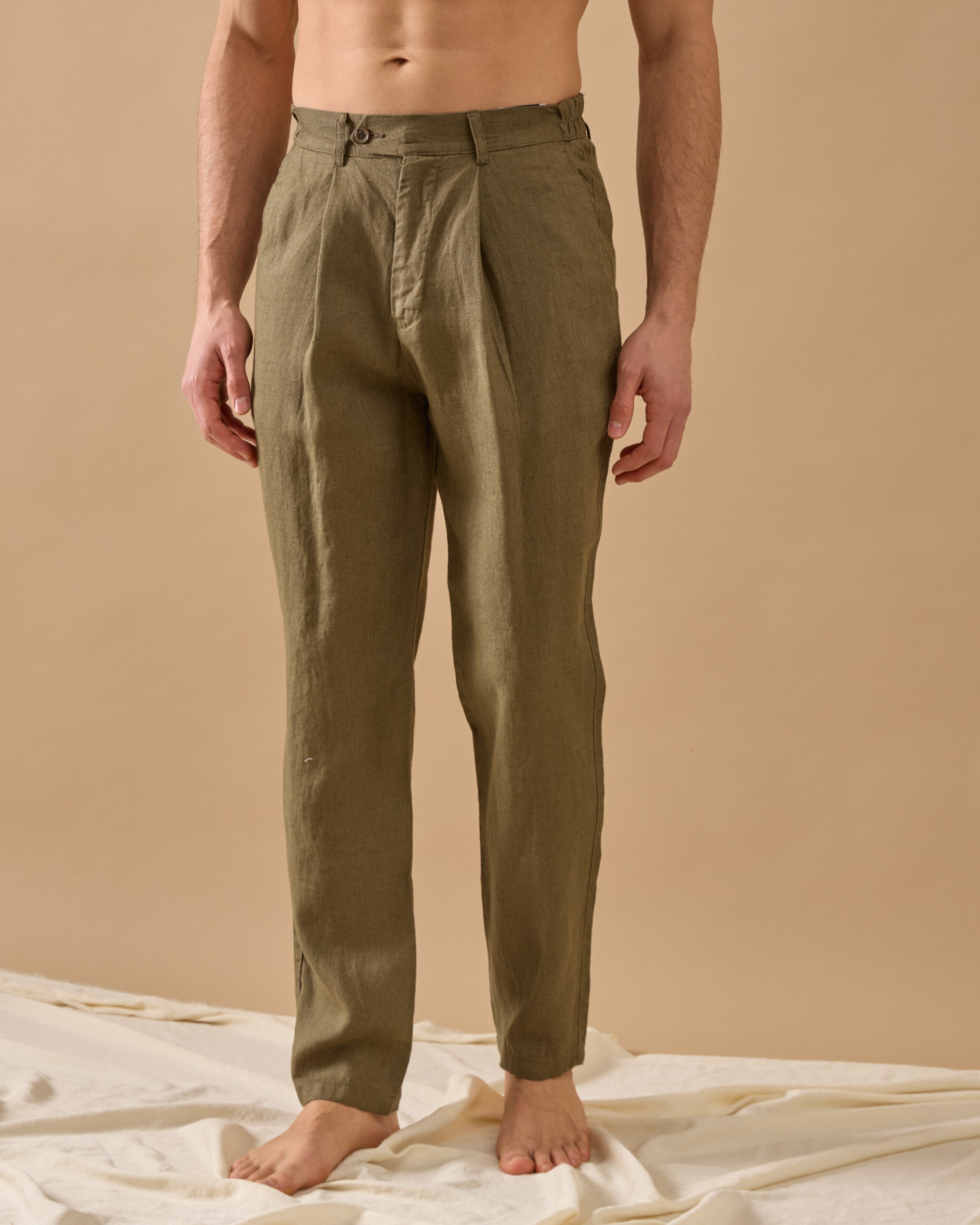 %100 Keten Pileli Regular Fit Pantolon - Haki
