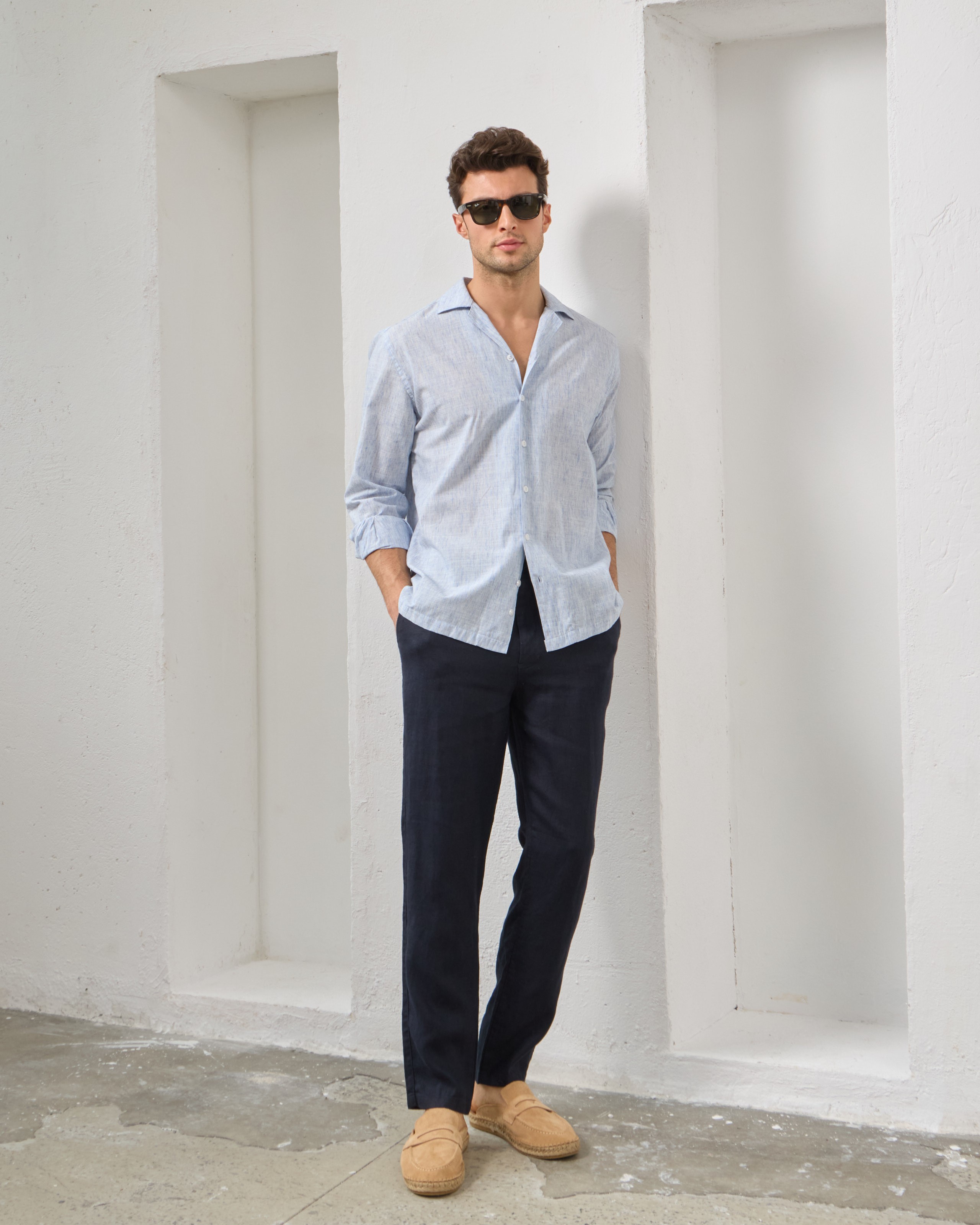 Çizgi Detaylı Relaxed Fit Keten Gömlek - mavi