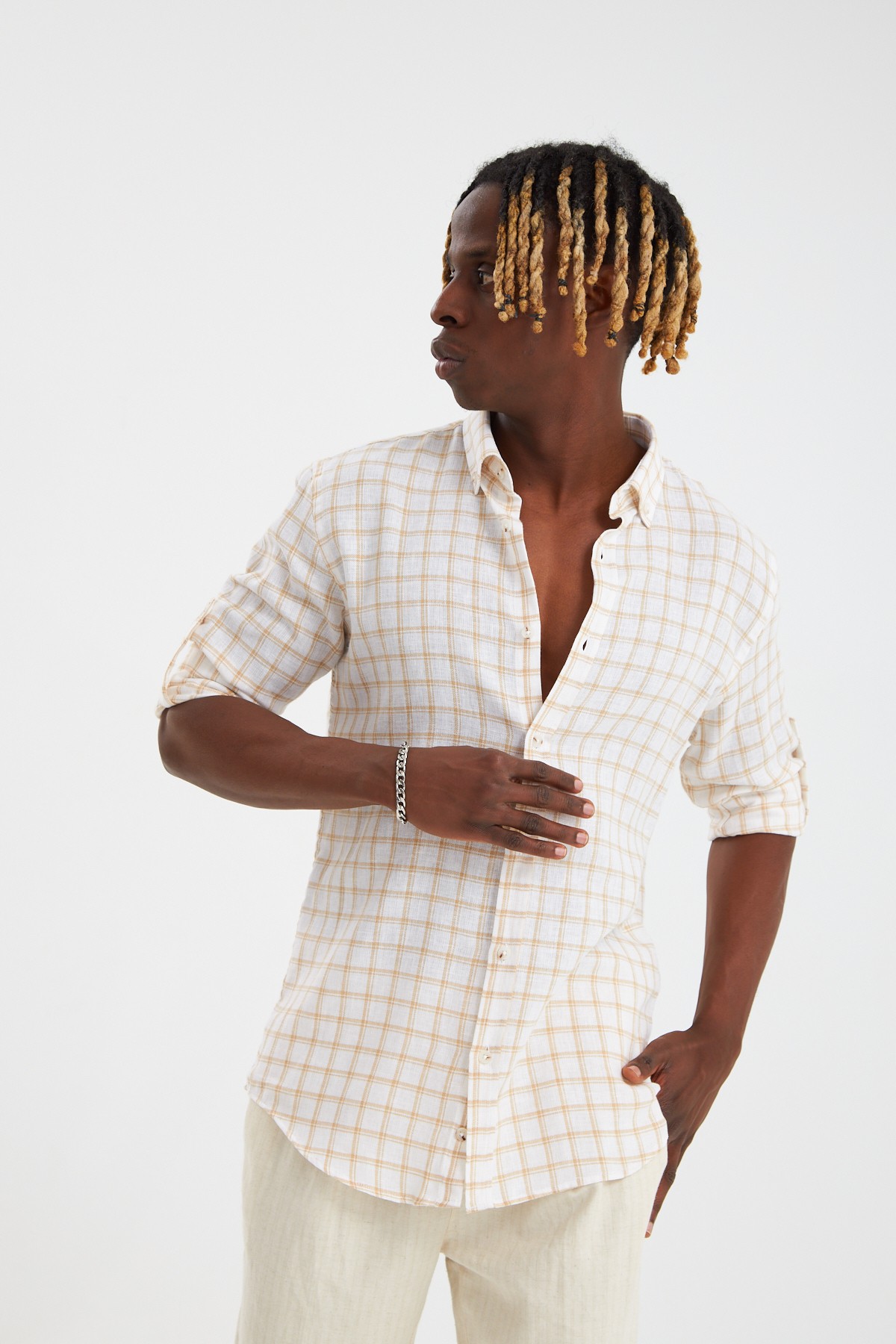 Ekose Casual Fit Keten Gömlek - Bej