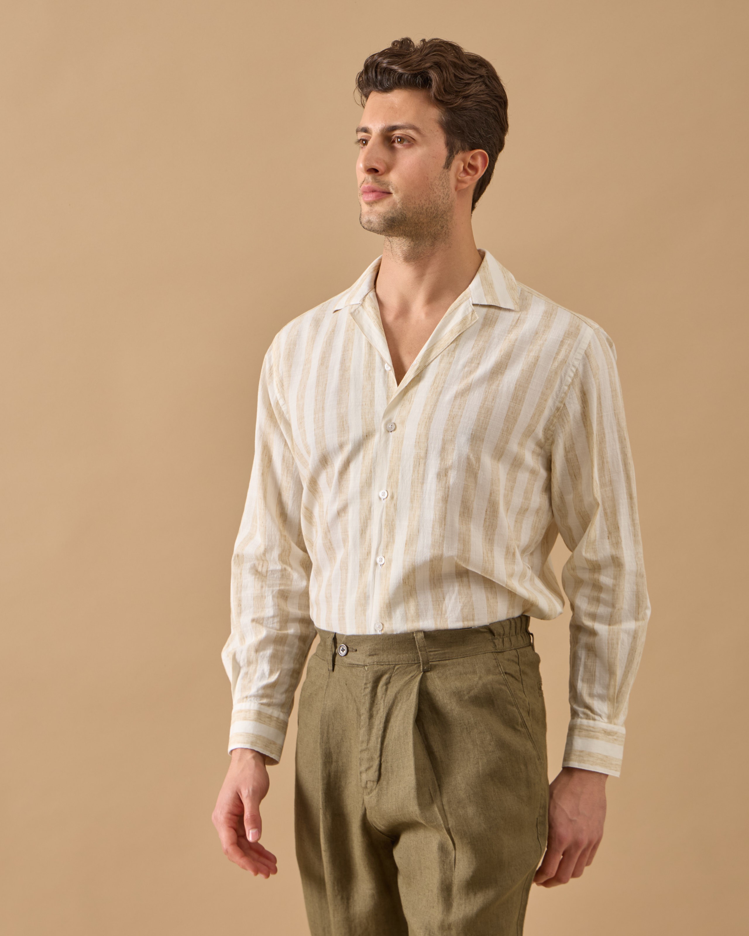%100 Keten Pileli Regular Fit Pantolon - Haki