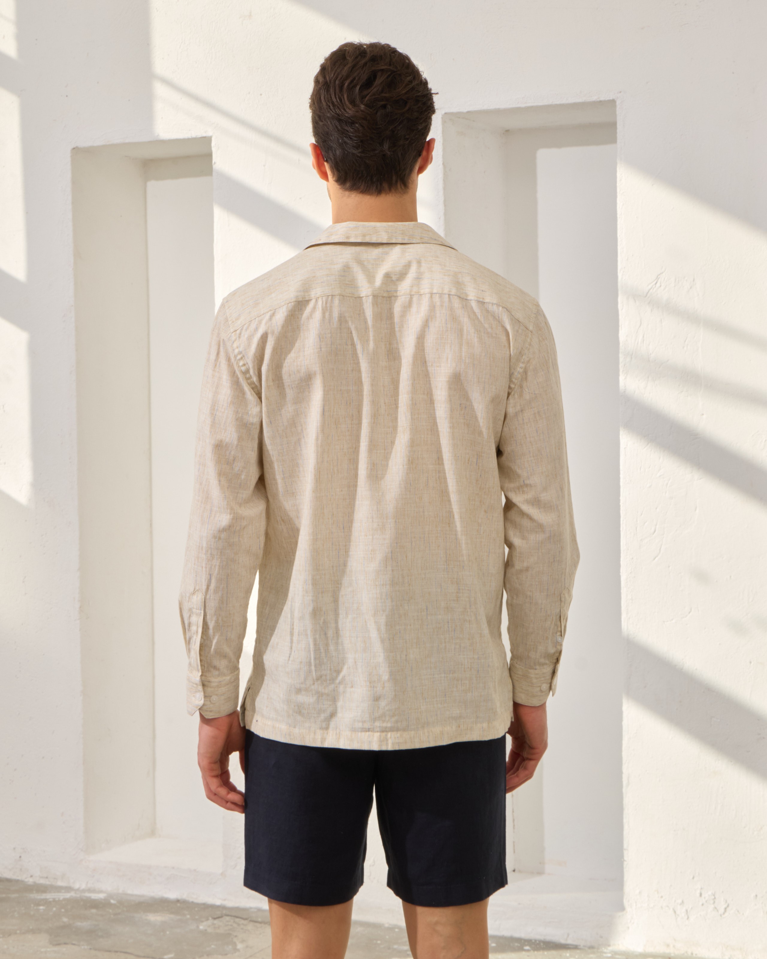 Çizgi Detaylı Relaxed Fit Keten Gömlek - Bej