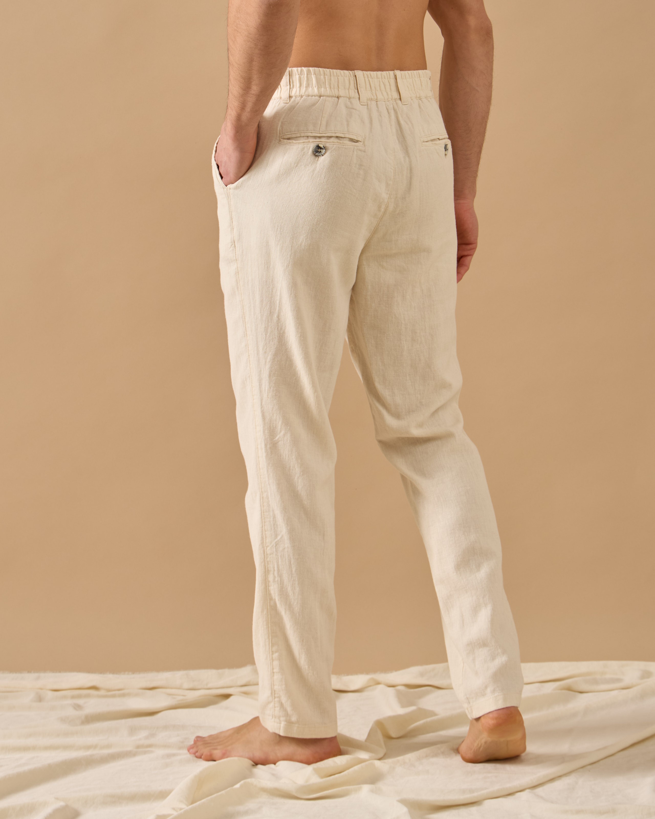 Arkası Lastikli Regular Fit Keten Pantolon - Kemik