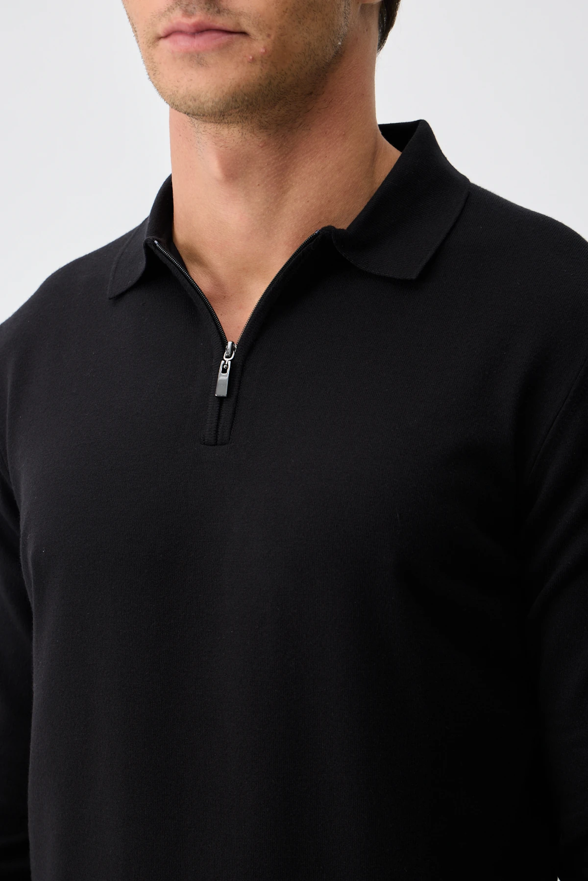 Kaşmir Karışımlı Fermuarlı Polo Yaka Triko - Siyah