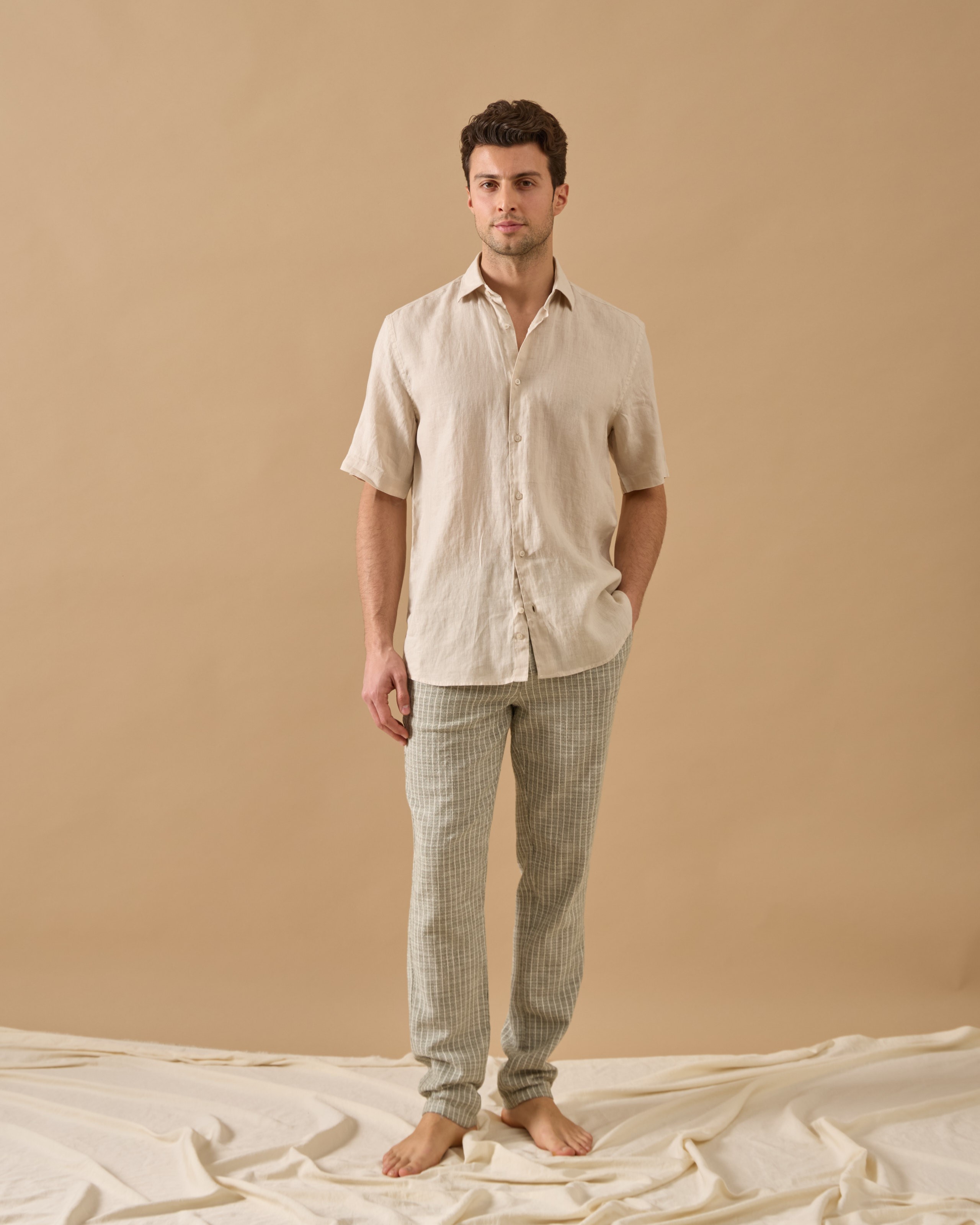Lastikli Regular Fit Çizgili Pantolon - Yeşil