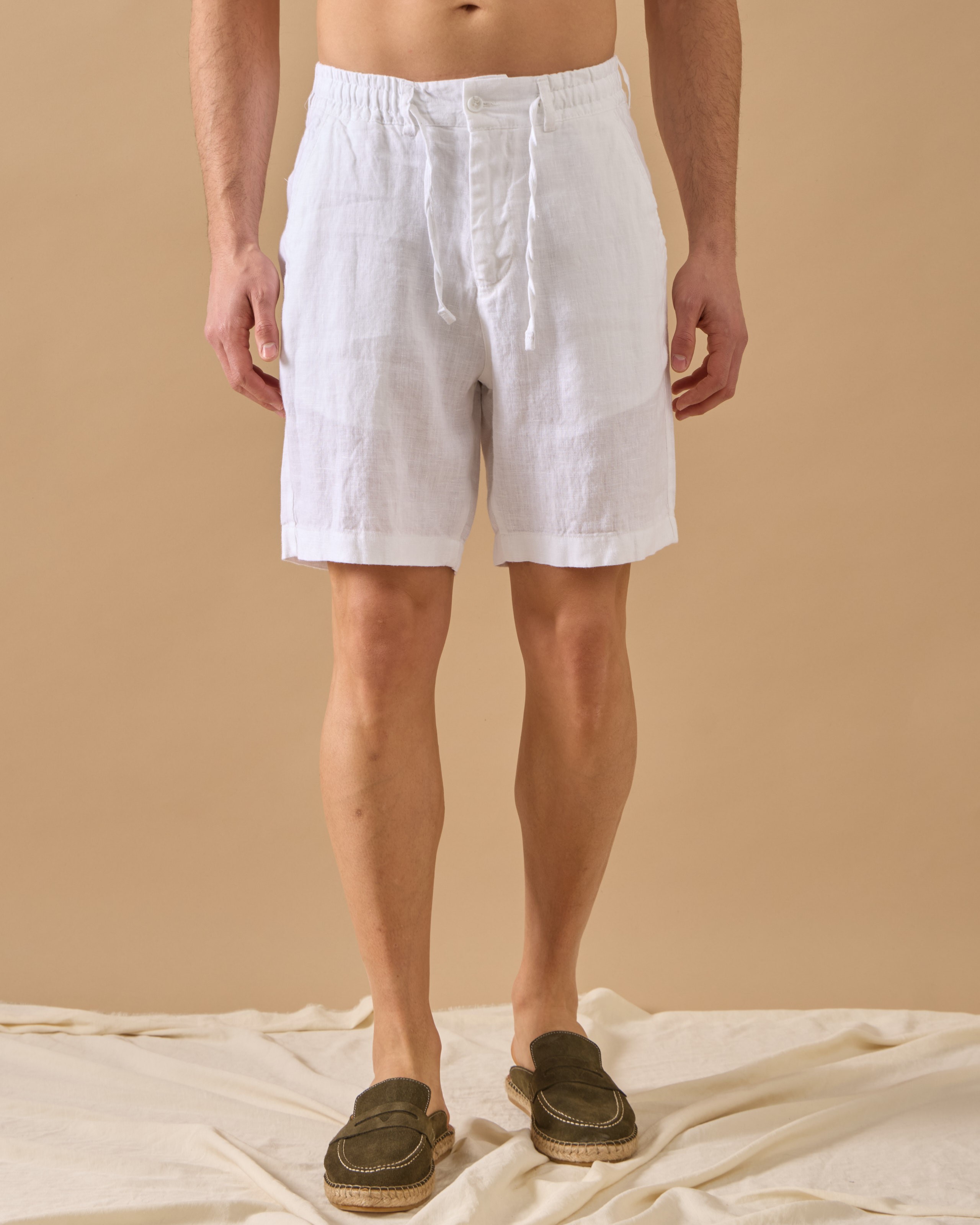 %100 Keten Lastikli Regular Fit Şort - Beyaz
