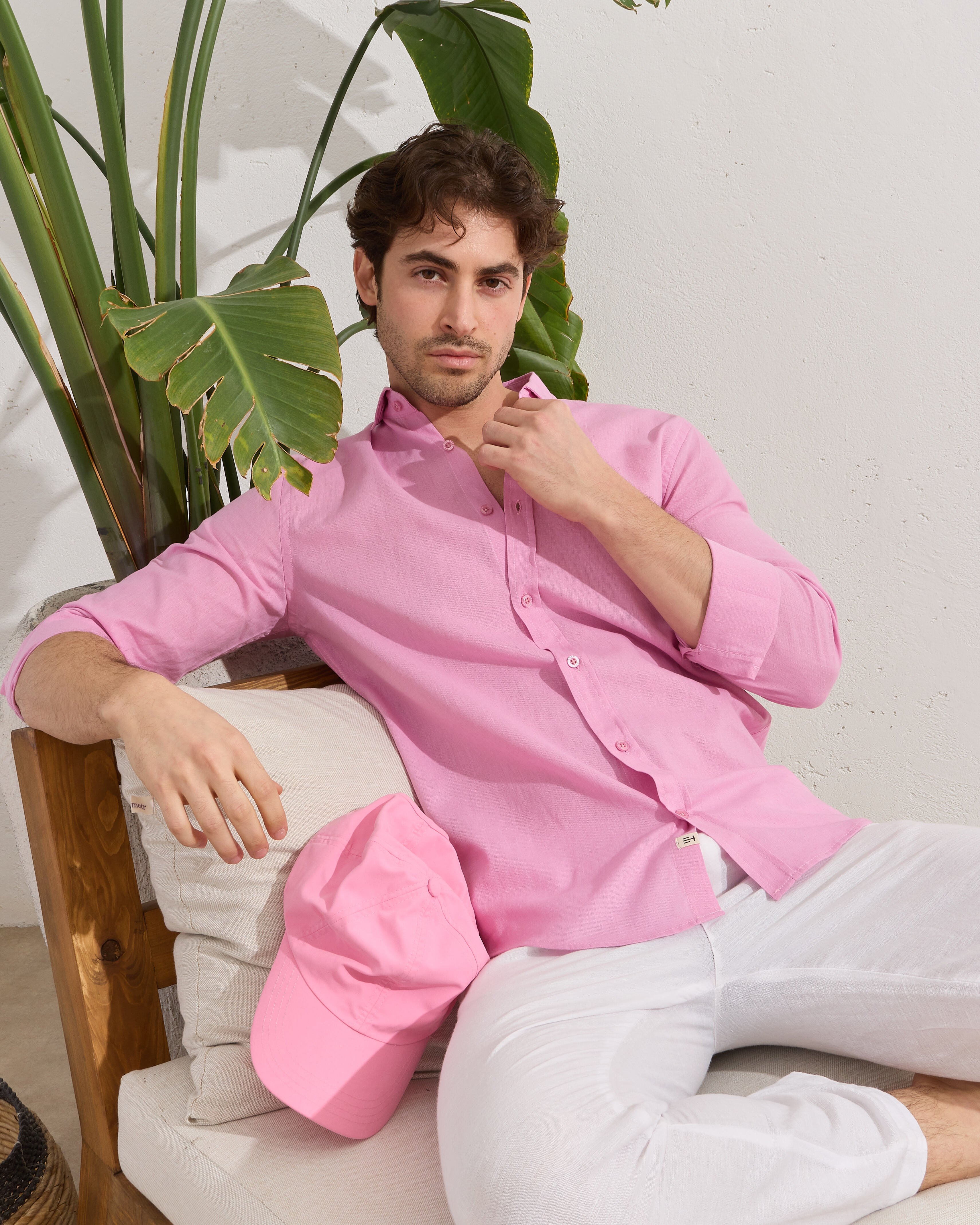 İtalyan Yaka Keten Gömlek - Koyu Pembe