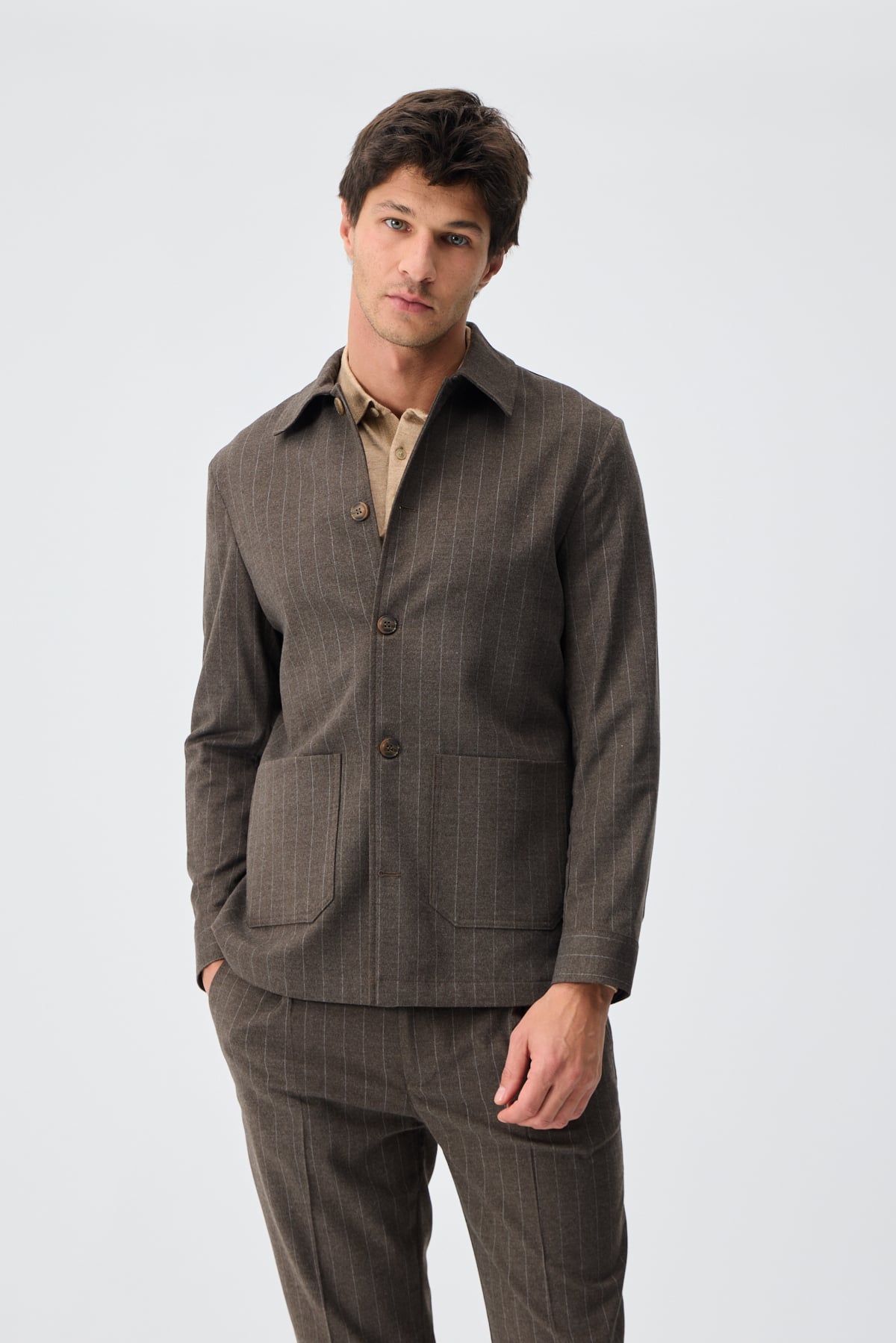 Yün Karışımlı Smart Blazer Ceket - Çizgili Kahverengi