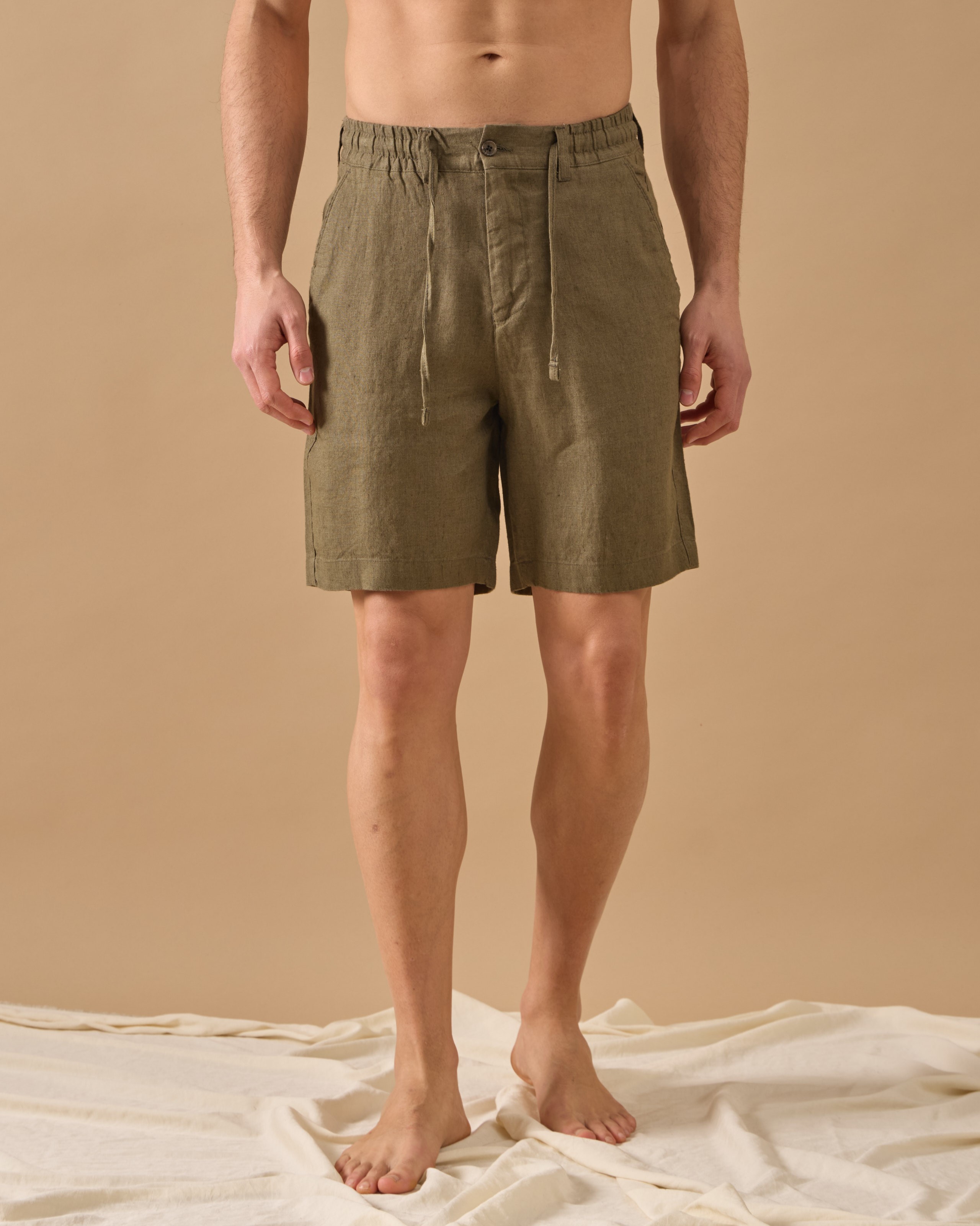 %100 Keten Lastikli Regular Fit Şort - Haki