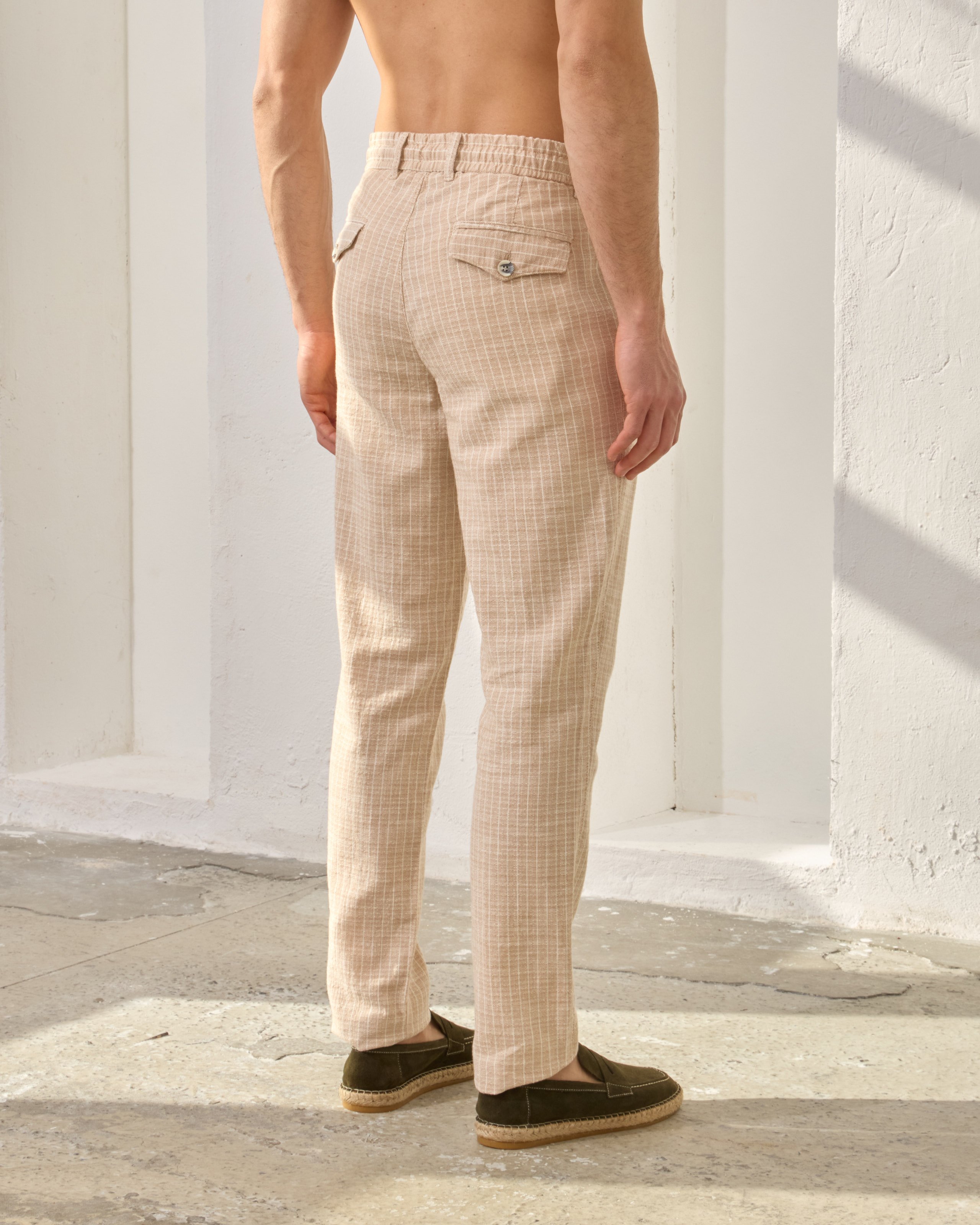 Lastikli Regular Fit Çizgili Pantolon - Bej
