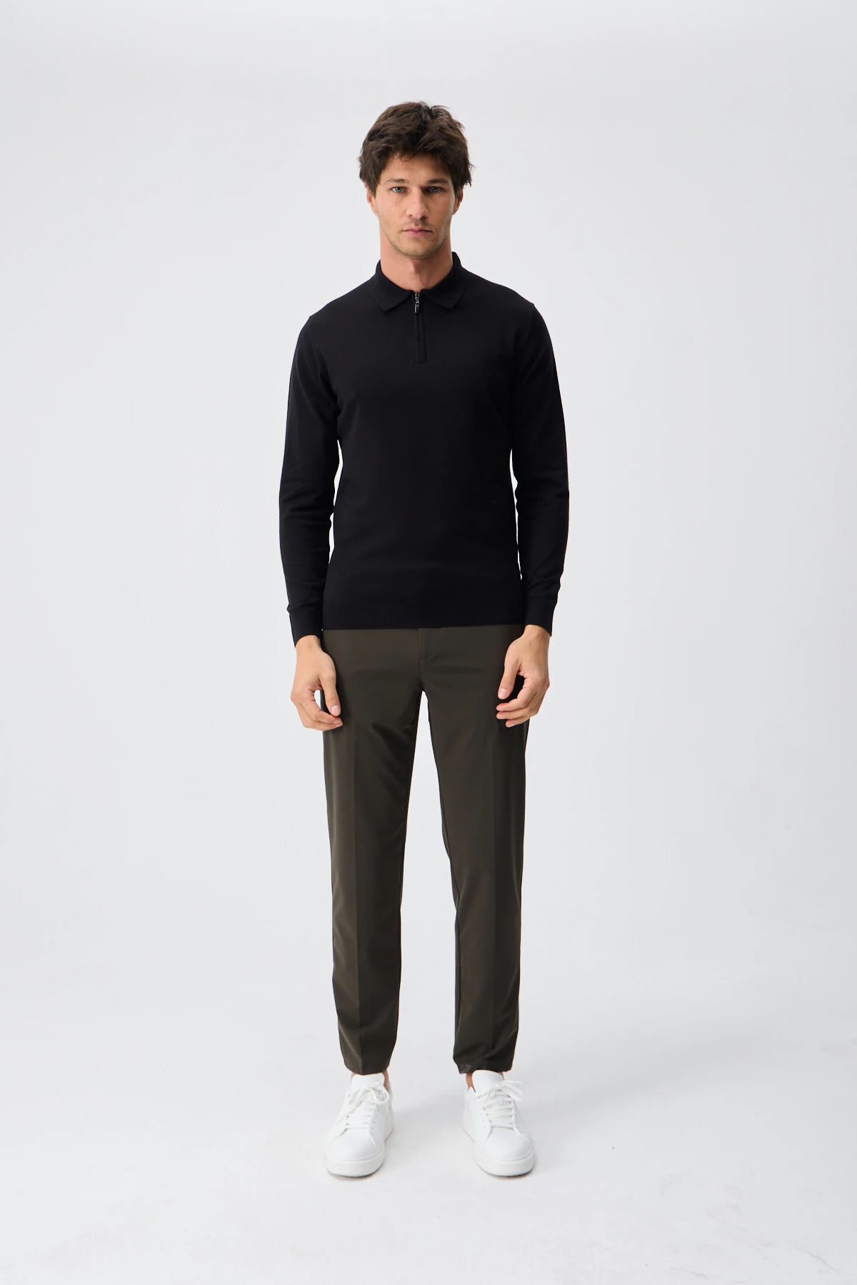 Kaşmir Karışımlı Fermuarlı Polo Yaka Triko - Siyah