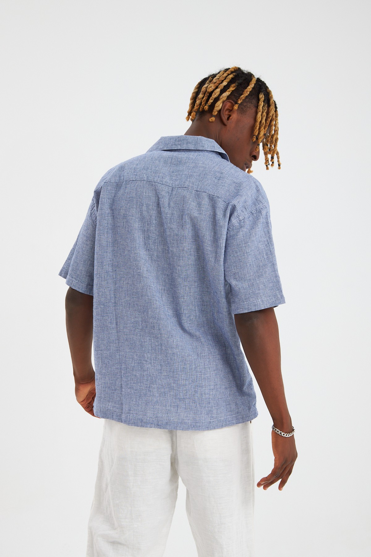Piti Kare Casual Fit Oversize Keten Gömlek - Lacivert