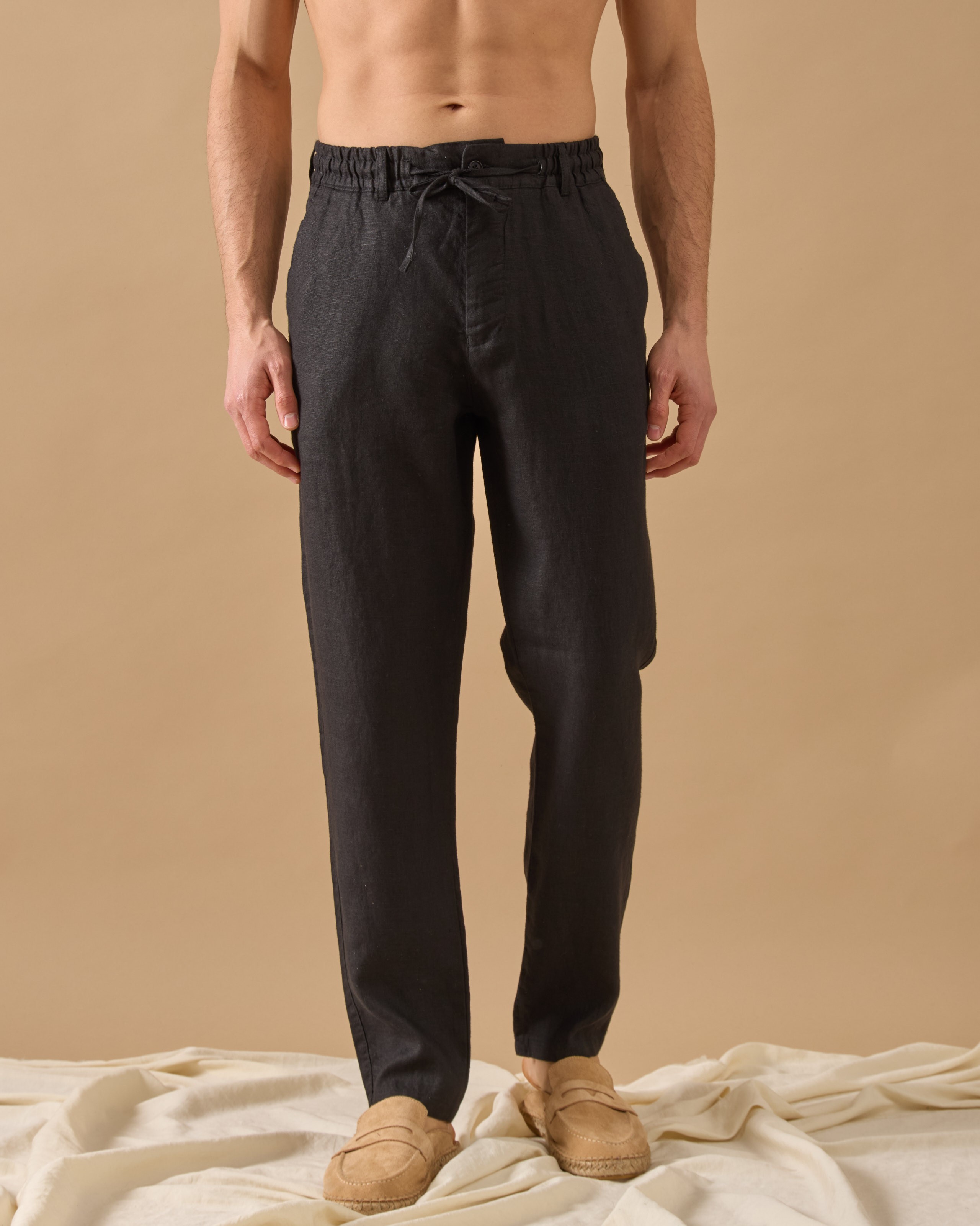 %100 Keten Lastikli Regular Fit Pantolon - Siyah