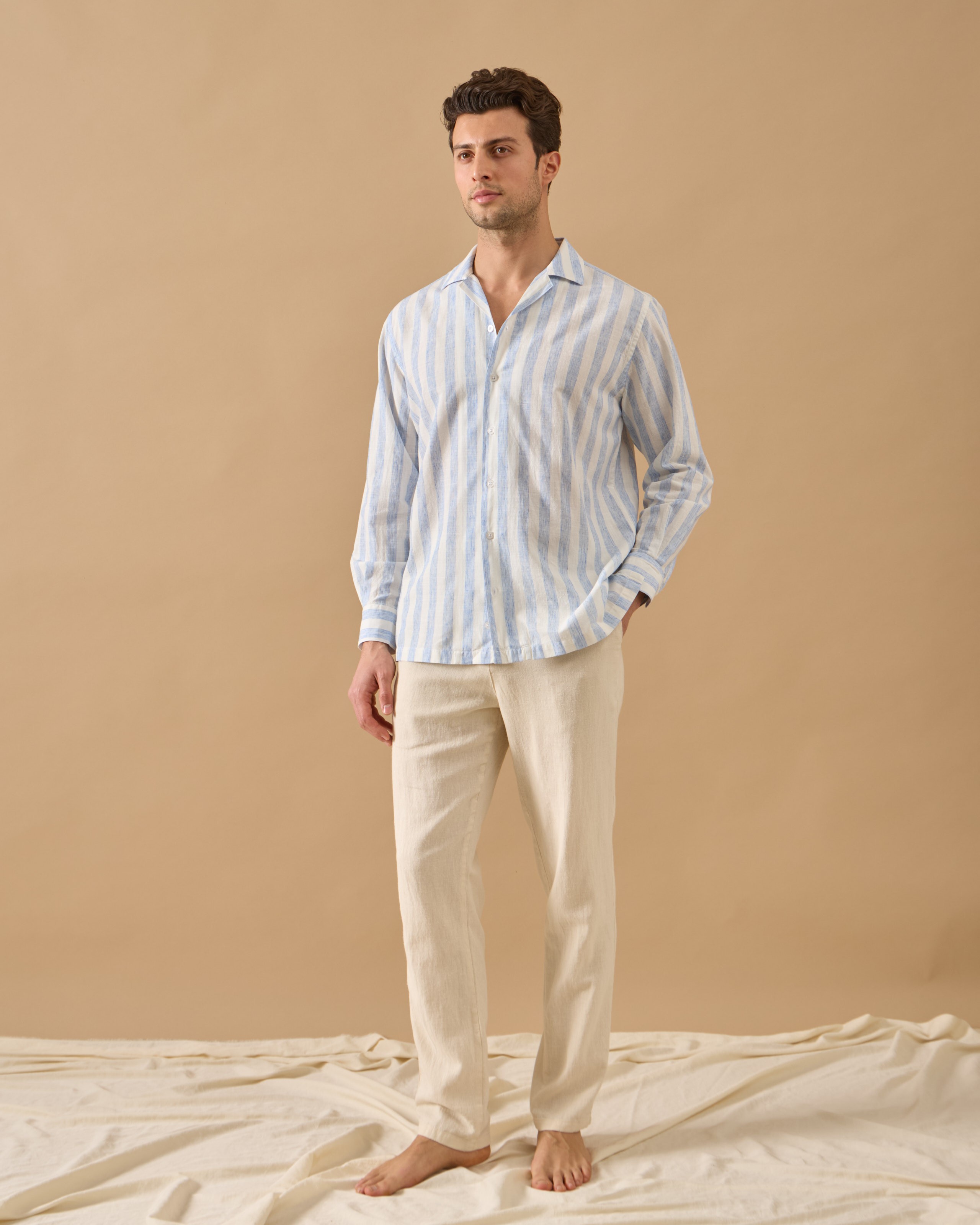 Kalın Çizgili Relaxed Fit Keten Gömlek - mavi