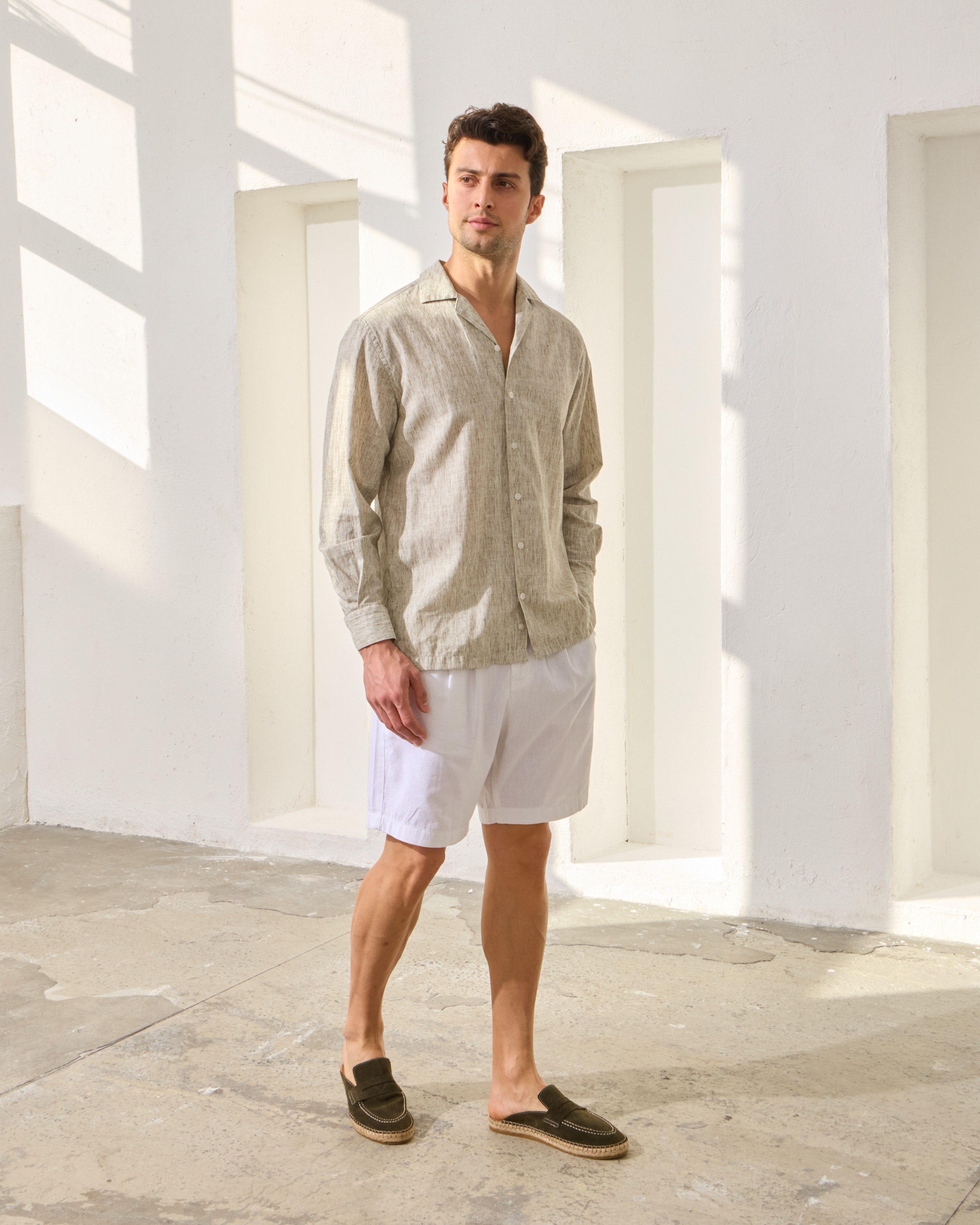Çizgi Detaylı Relaxed Fit Keten Gömlek - Haki