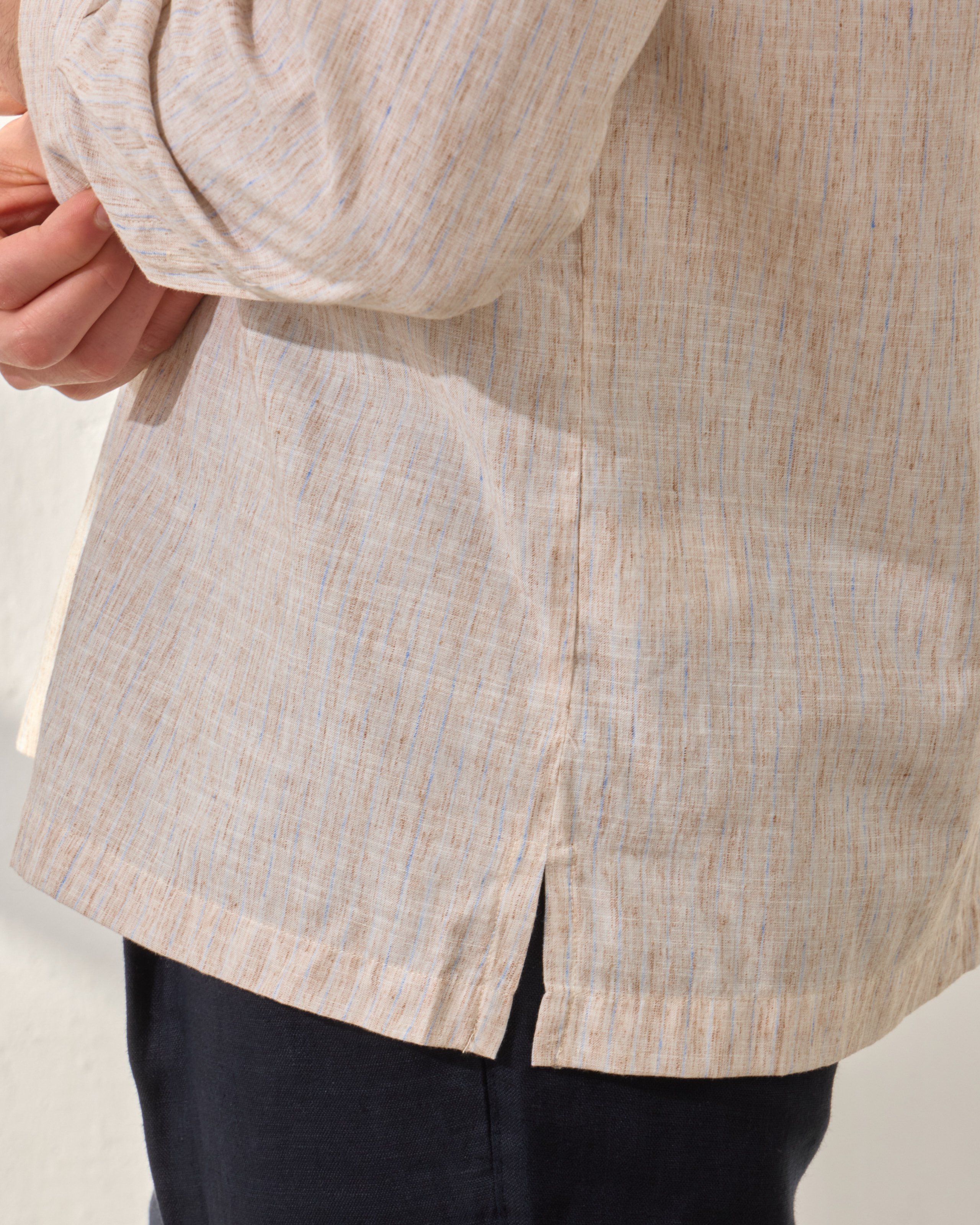 Çizgi Detaylı Relaxed Fit Keten Gömlek - Kahverengi
