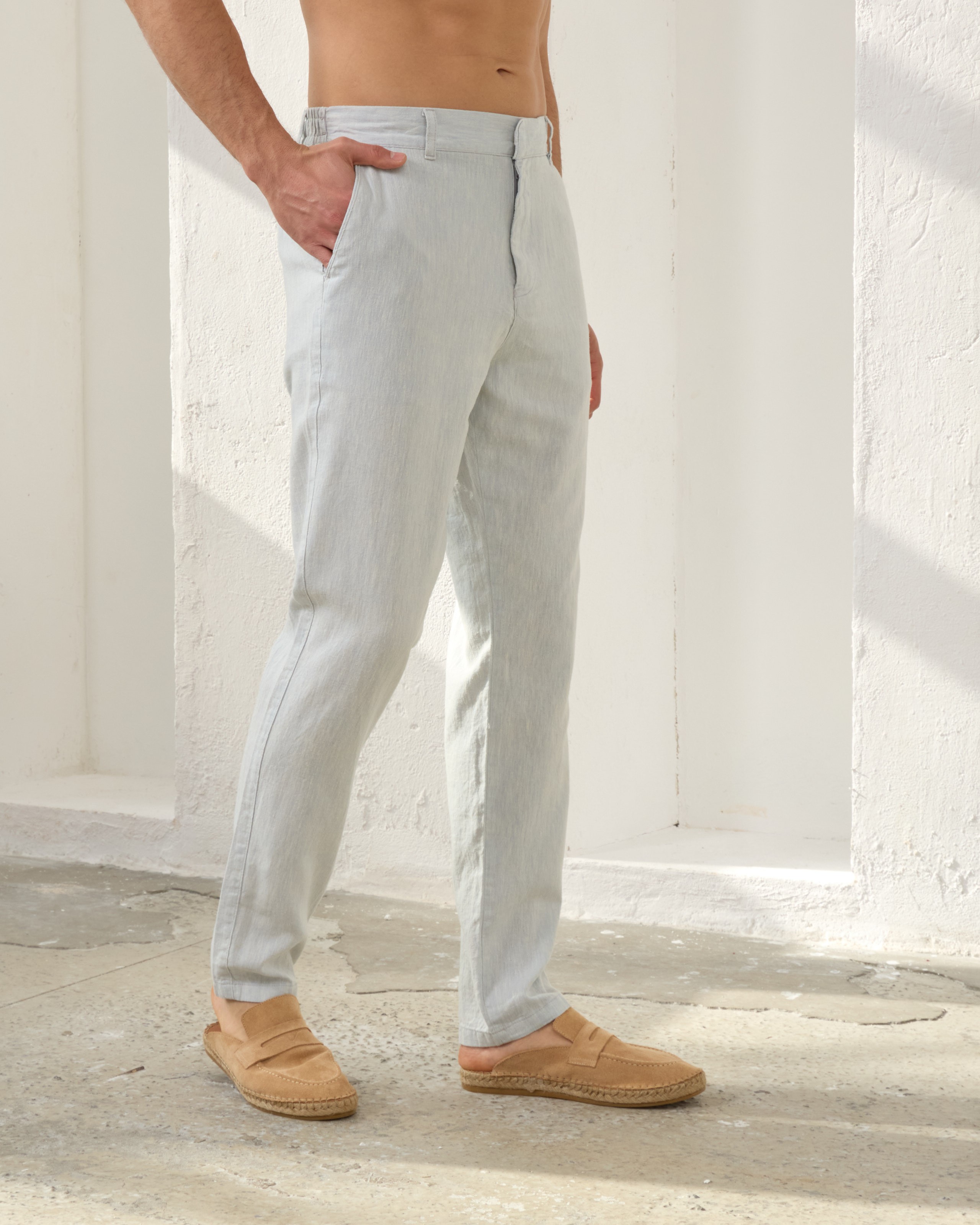 Arkası Lastikli Regular Fit Keten Pantolon - Buz Mavi