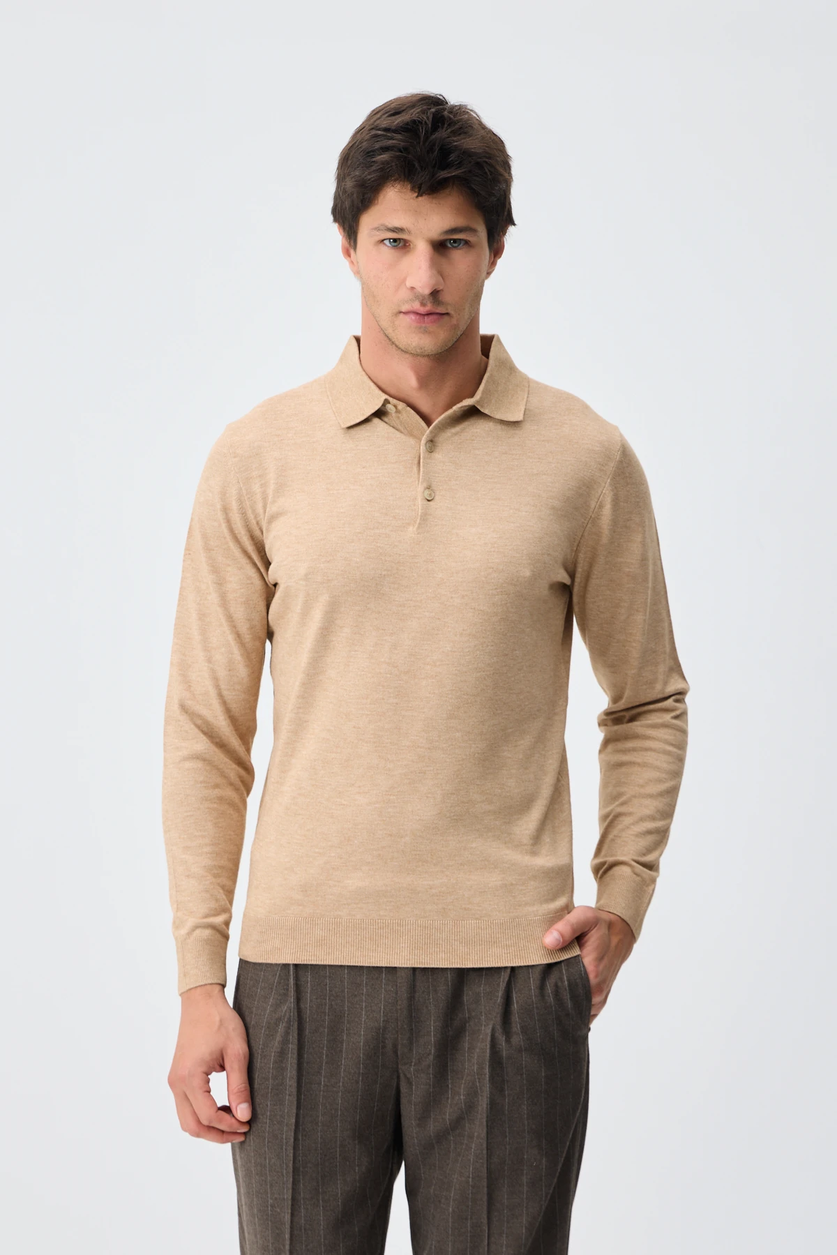 Kaşmir Karışımlı Düğmeli Polo Yaka Triko - Camel