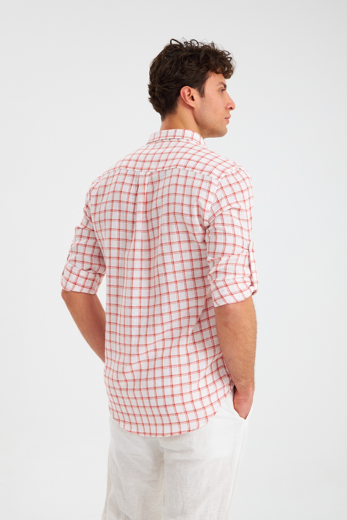 Ekose Casual Fit Keten Gömlek - Kırmızı