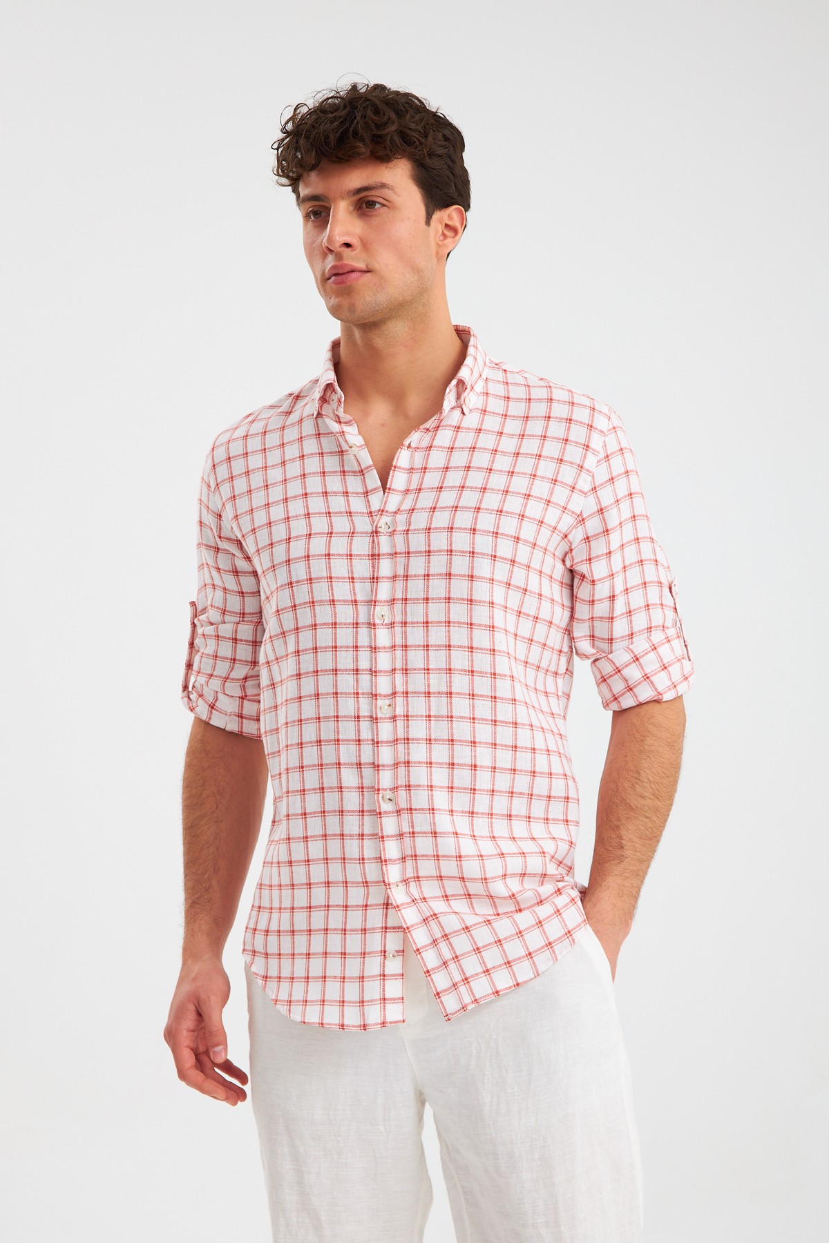 Ekose Casual Fit Keten Gömlek - Kırmızı