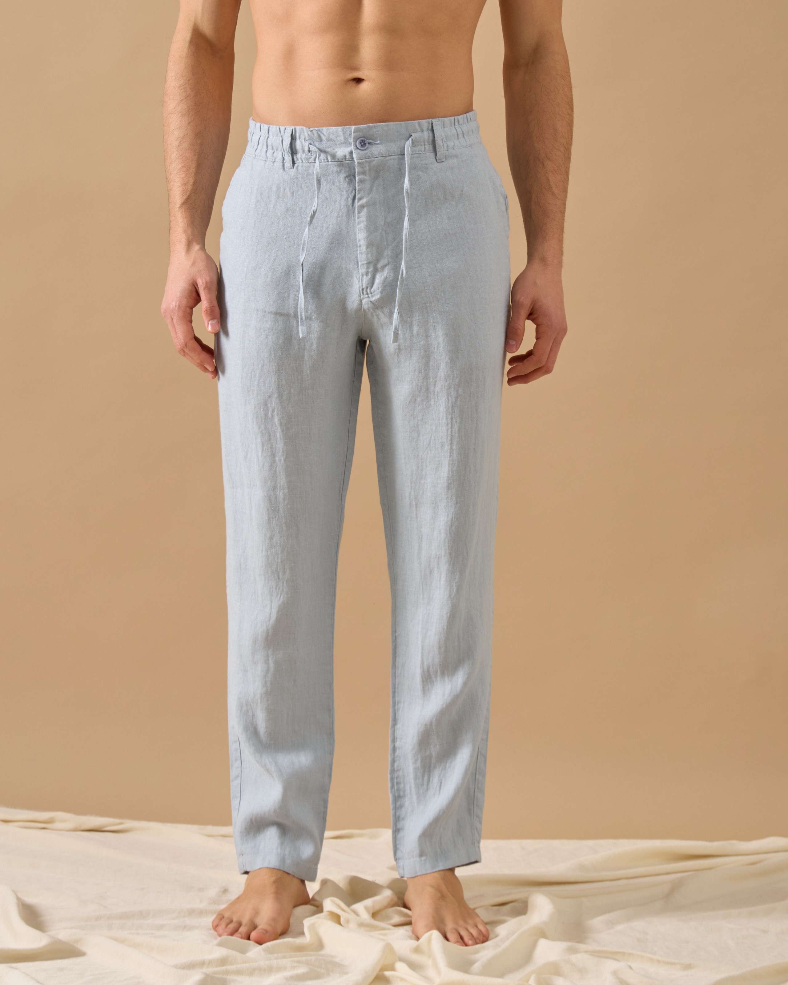 %100 Keten Lastikli Regular Fit Pantolon - mavi