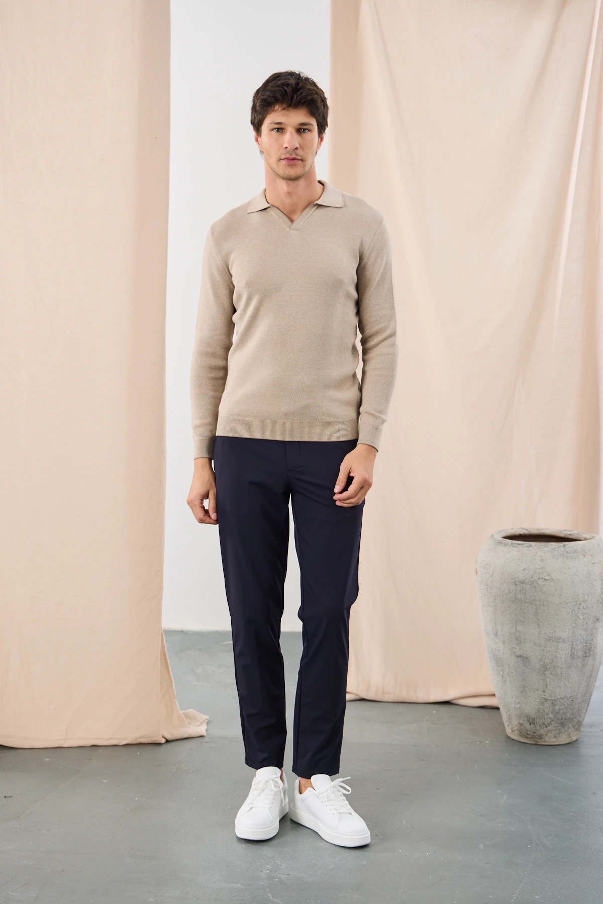 V Polo Yaka Triko - A.Vizon/Bej