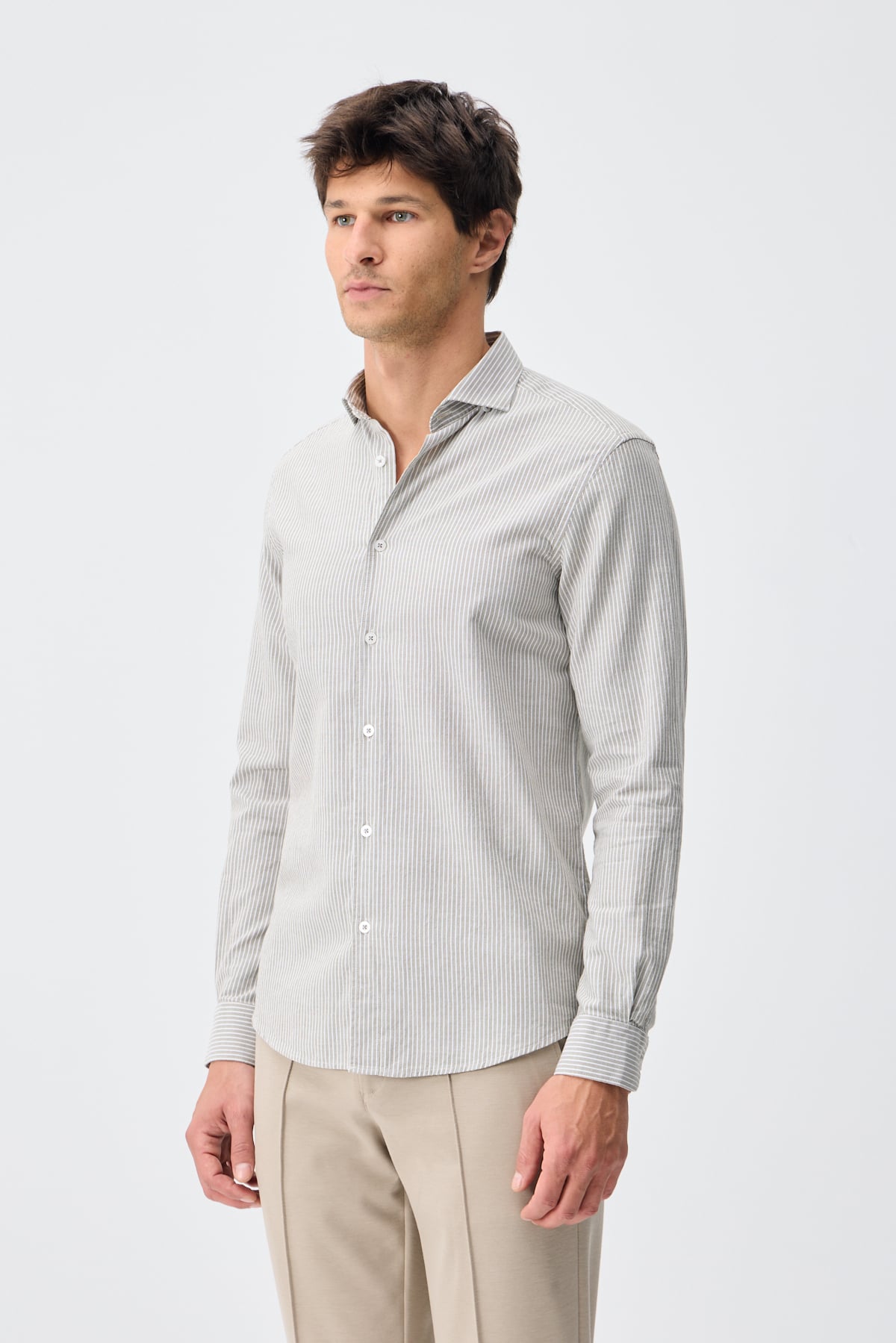 Çizgili Oxford Pamuk Gömlek - 1048 - Haki