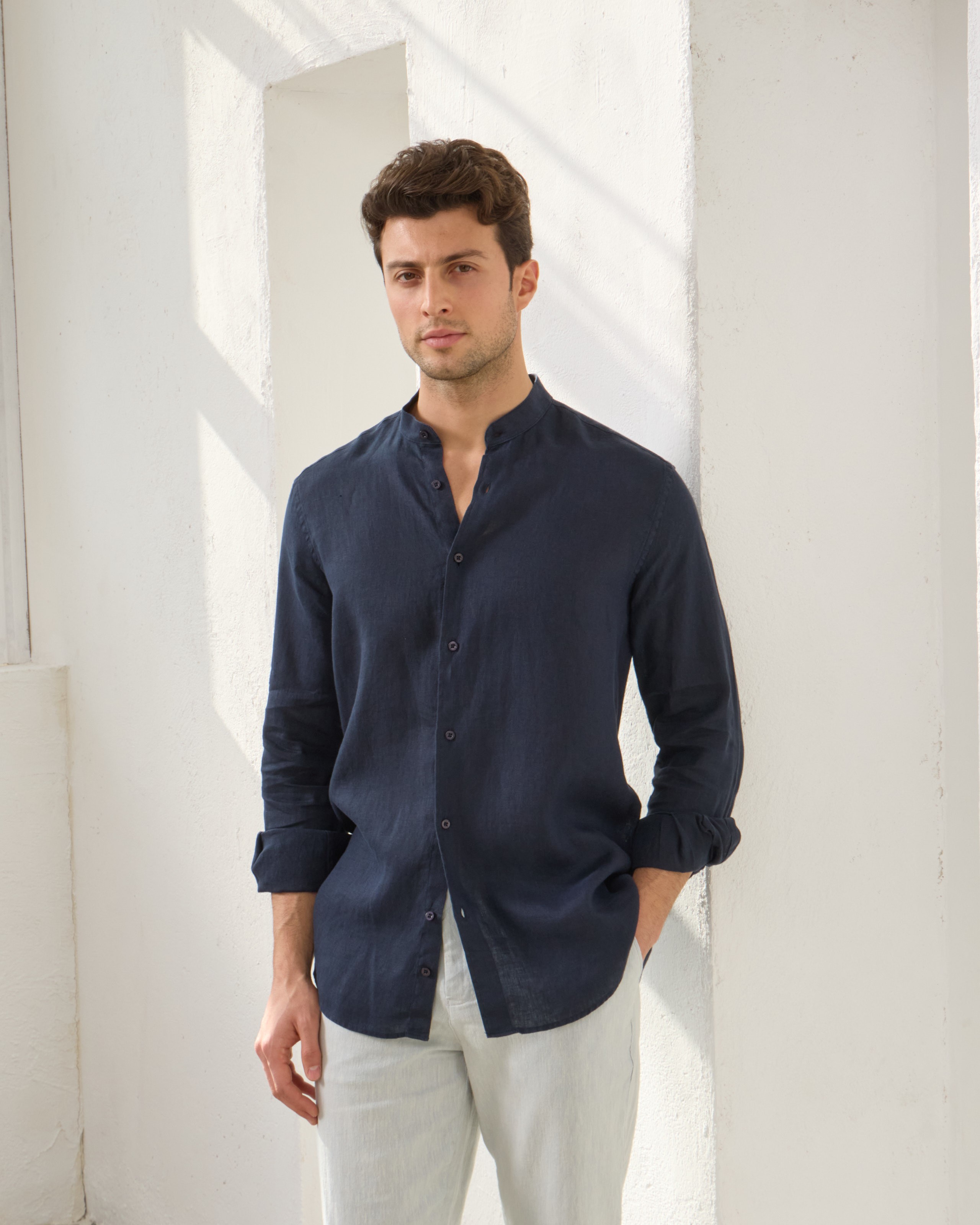 Arkası Lastikli Regular Fit Keten Pantolon - Buz Mavi