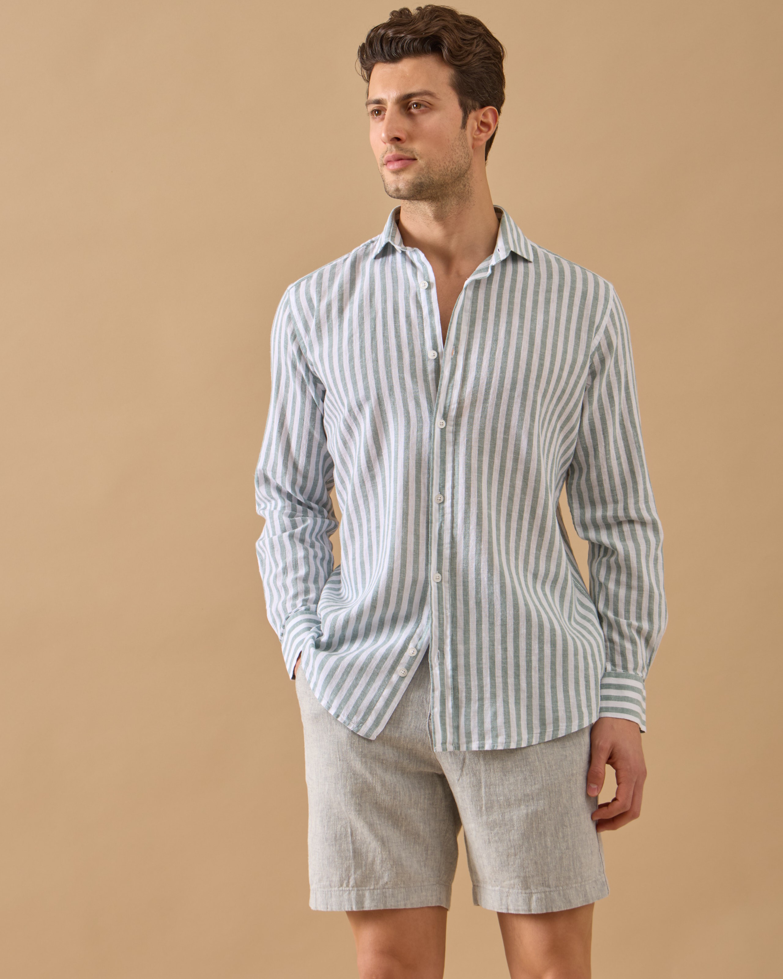 Arkası Lastikli Regular Fit Keten Şort - indigo