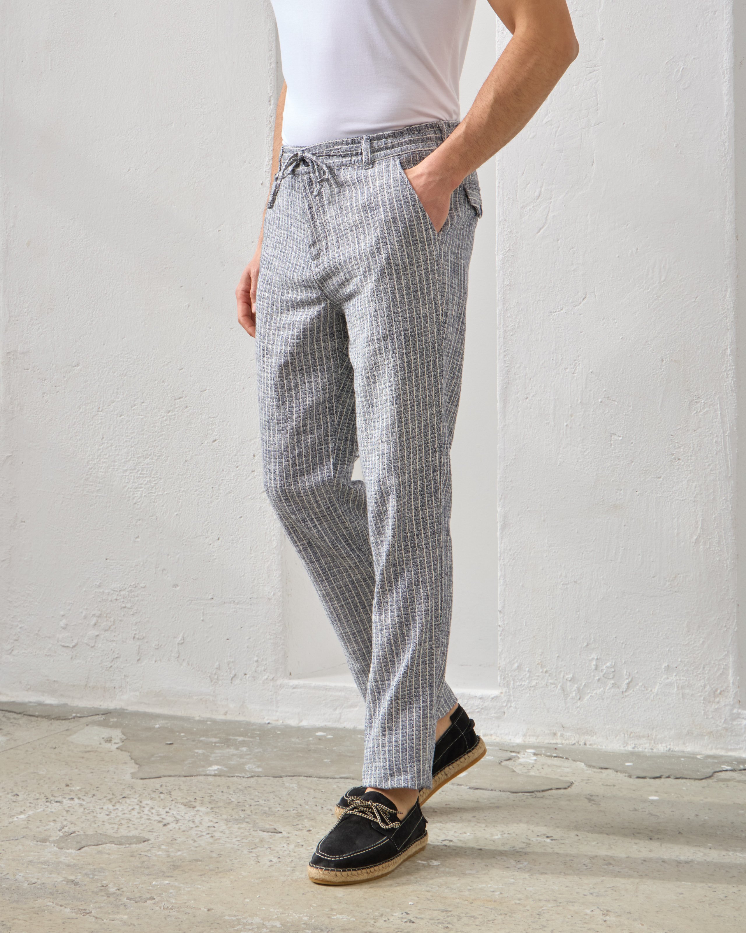 Lastikli Regular Fit Çizgili Pantolon - Lacivert