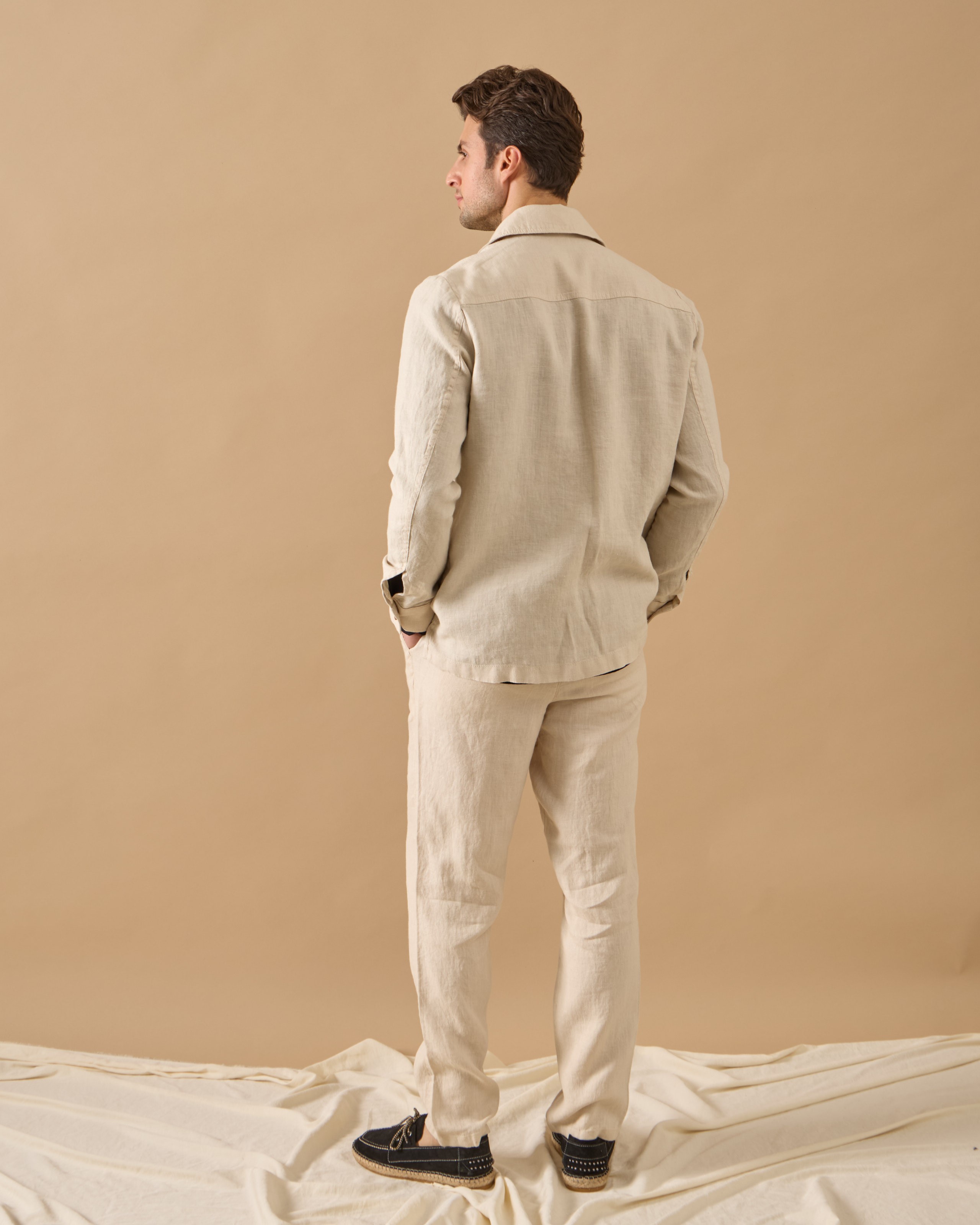 %100 Keten Lastikli Regular Fit Pantolon - Bej