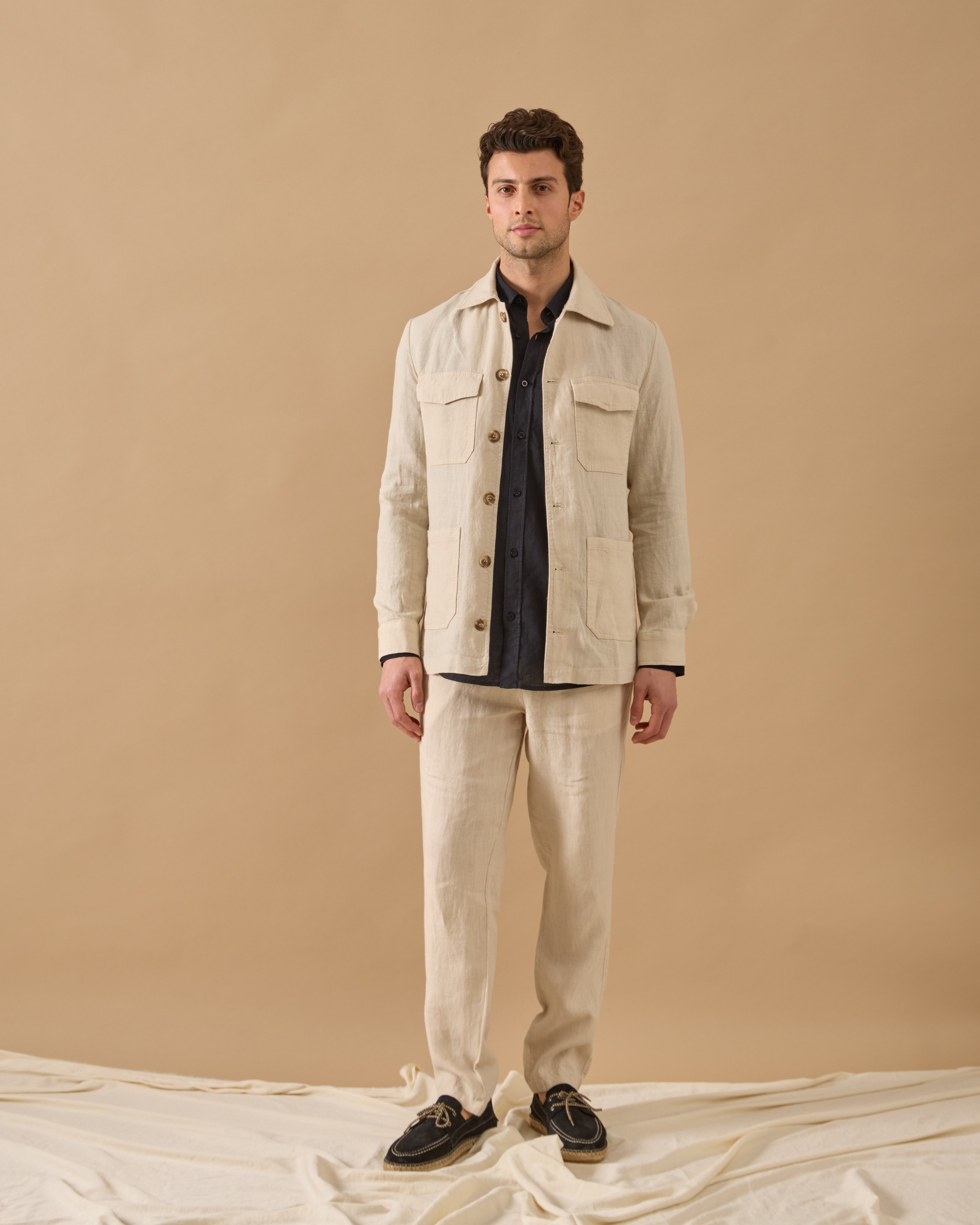 %100 Keten Lastikli Regular Fit Pantolon - Bej