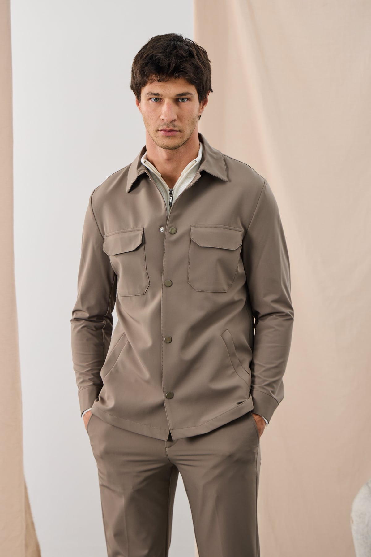 Teknik Dokulu Overshirt Ceket - Karamel