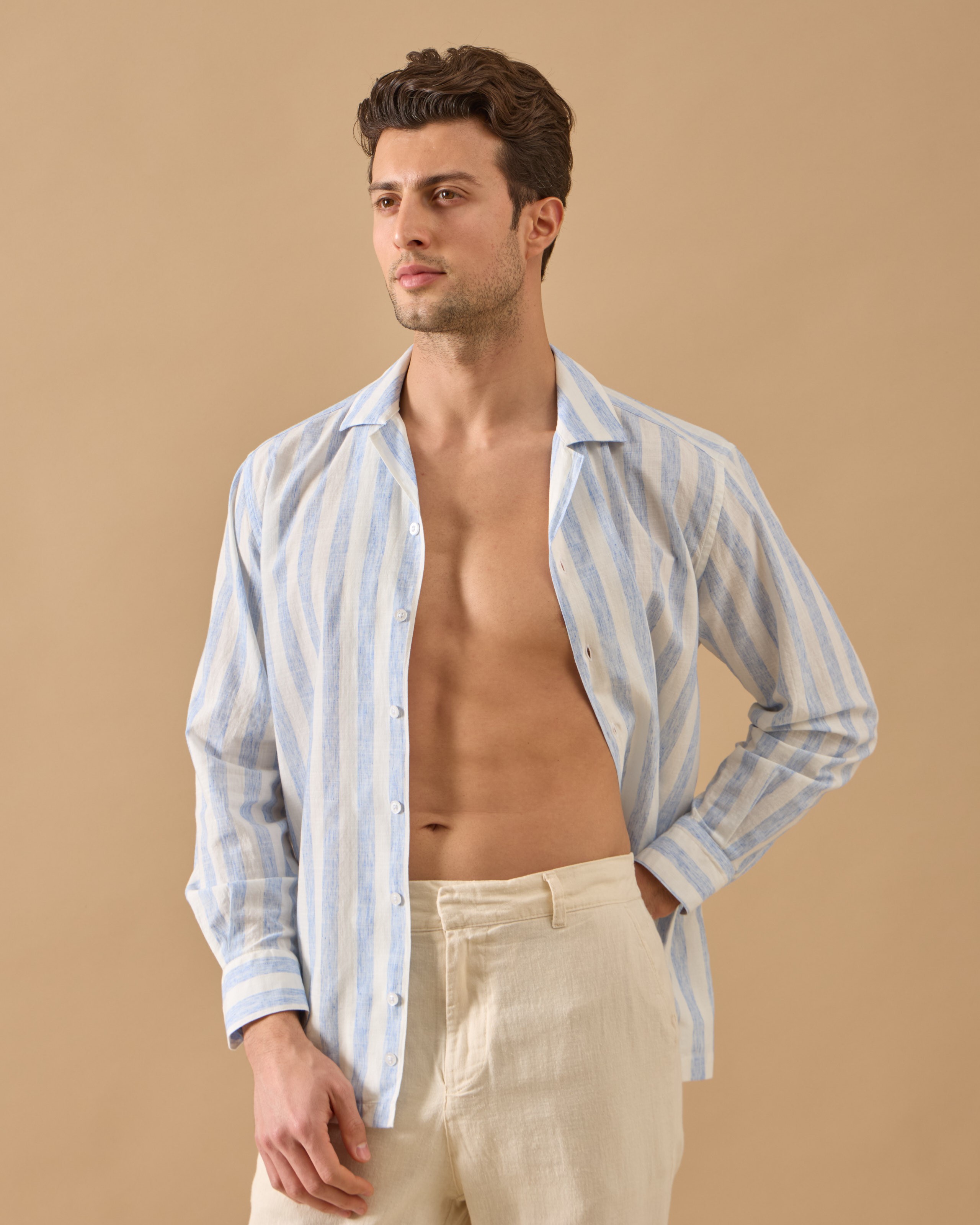 Arkası Lastikli Regular Fit Keten Pantolon - Kemik