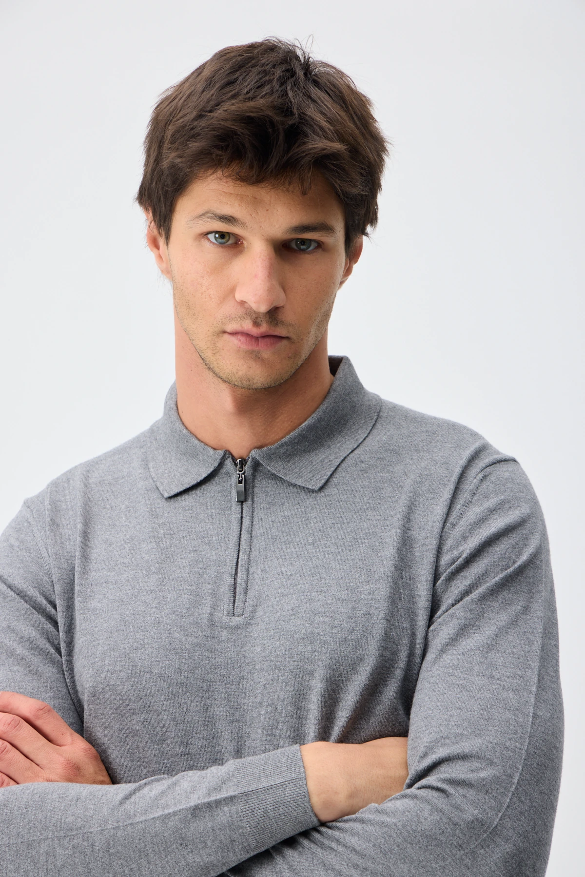 Kaşmir Karışımlı Fermuarlı Polo Yaka Triko - M.Gri