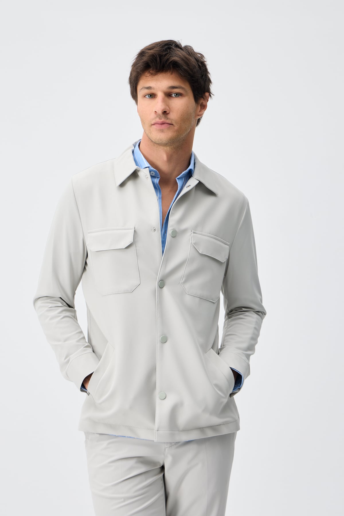 Teknik Dokulu Overshirt Ceket - Taş