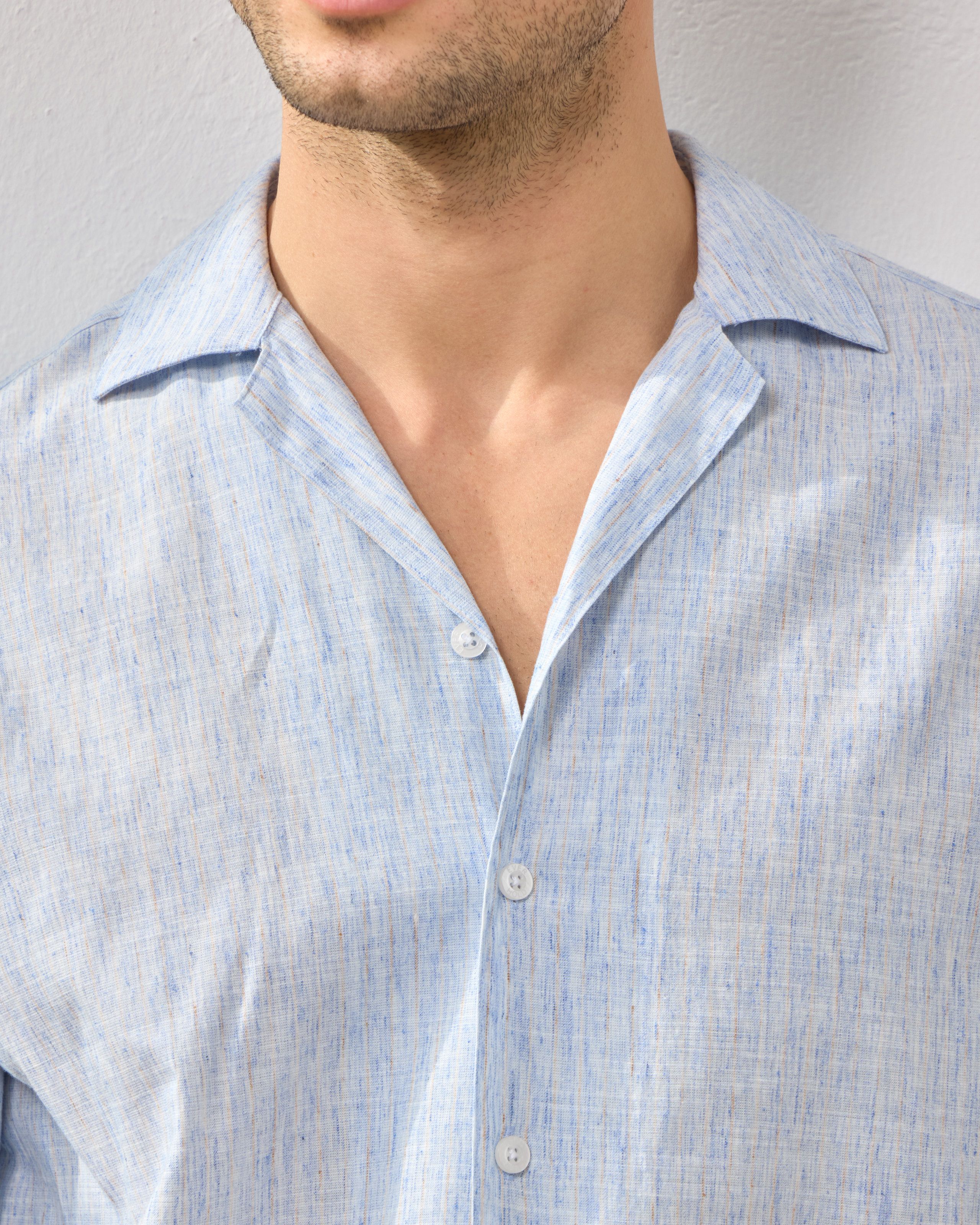 Çizgi Detaylı Relaxed Fit Keten Gömlek - mavi