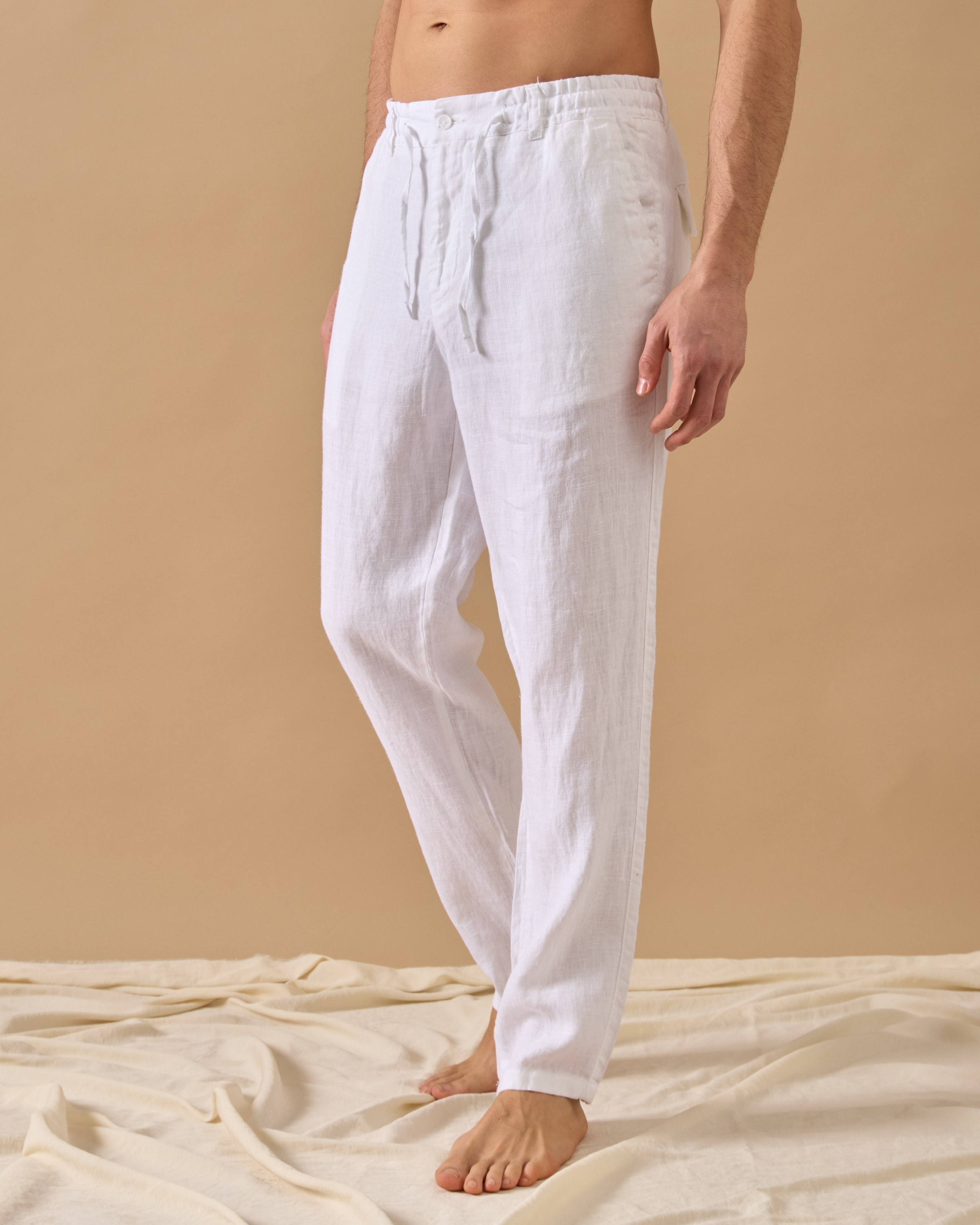 %100 Keten Lastikli Regular Fit Pantolon - Beyaz