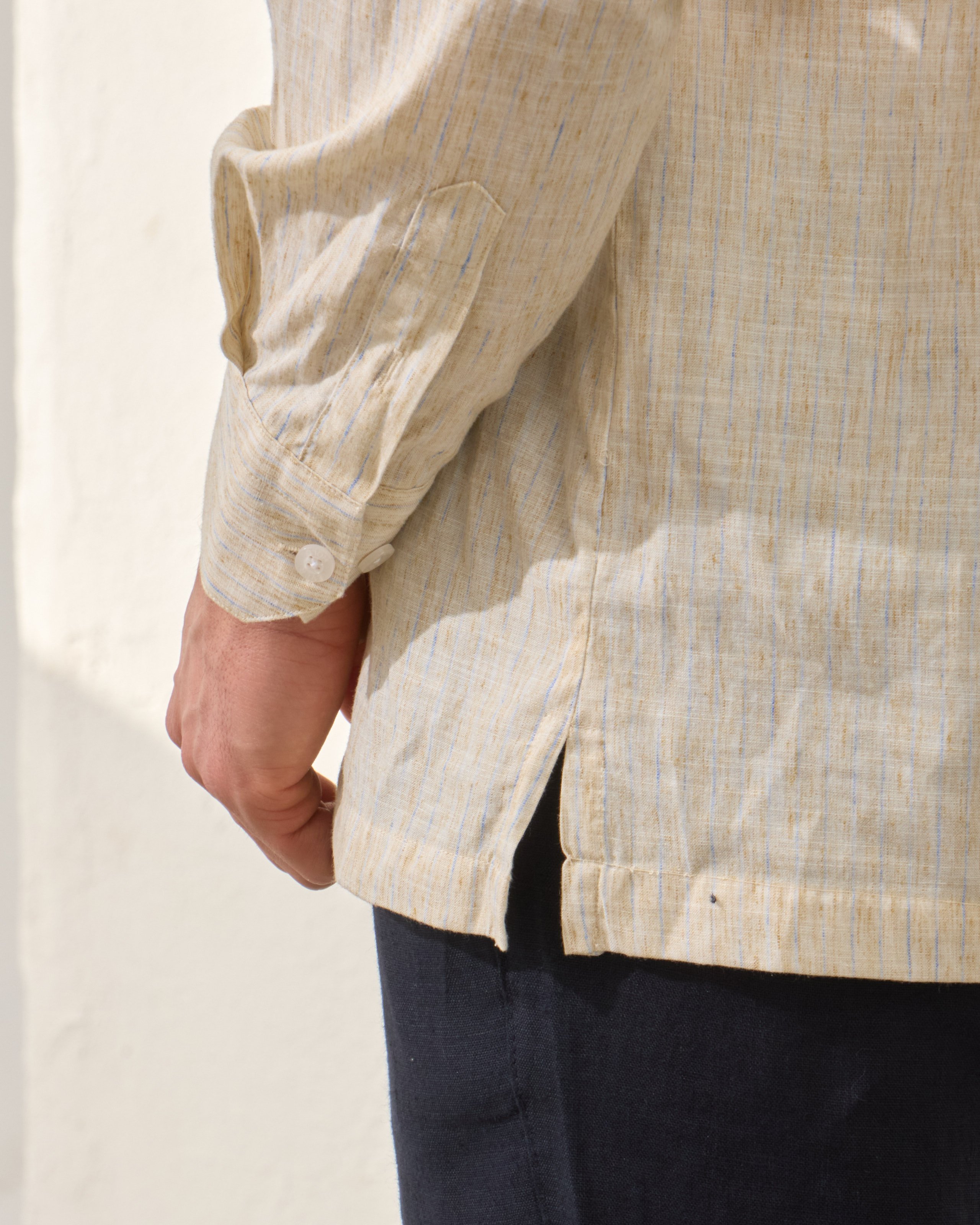 Çizgi Detaylı Relaxed Fit Keten Gömlek - Bej