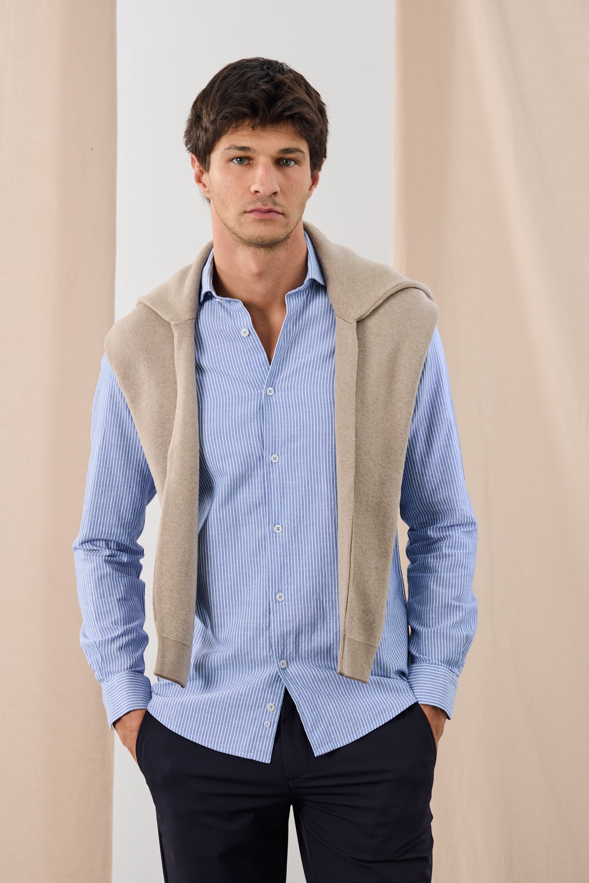 Çizgili Oxford Pamuk Gömlek - 1048 - Lacivert