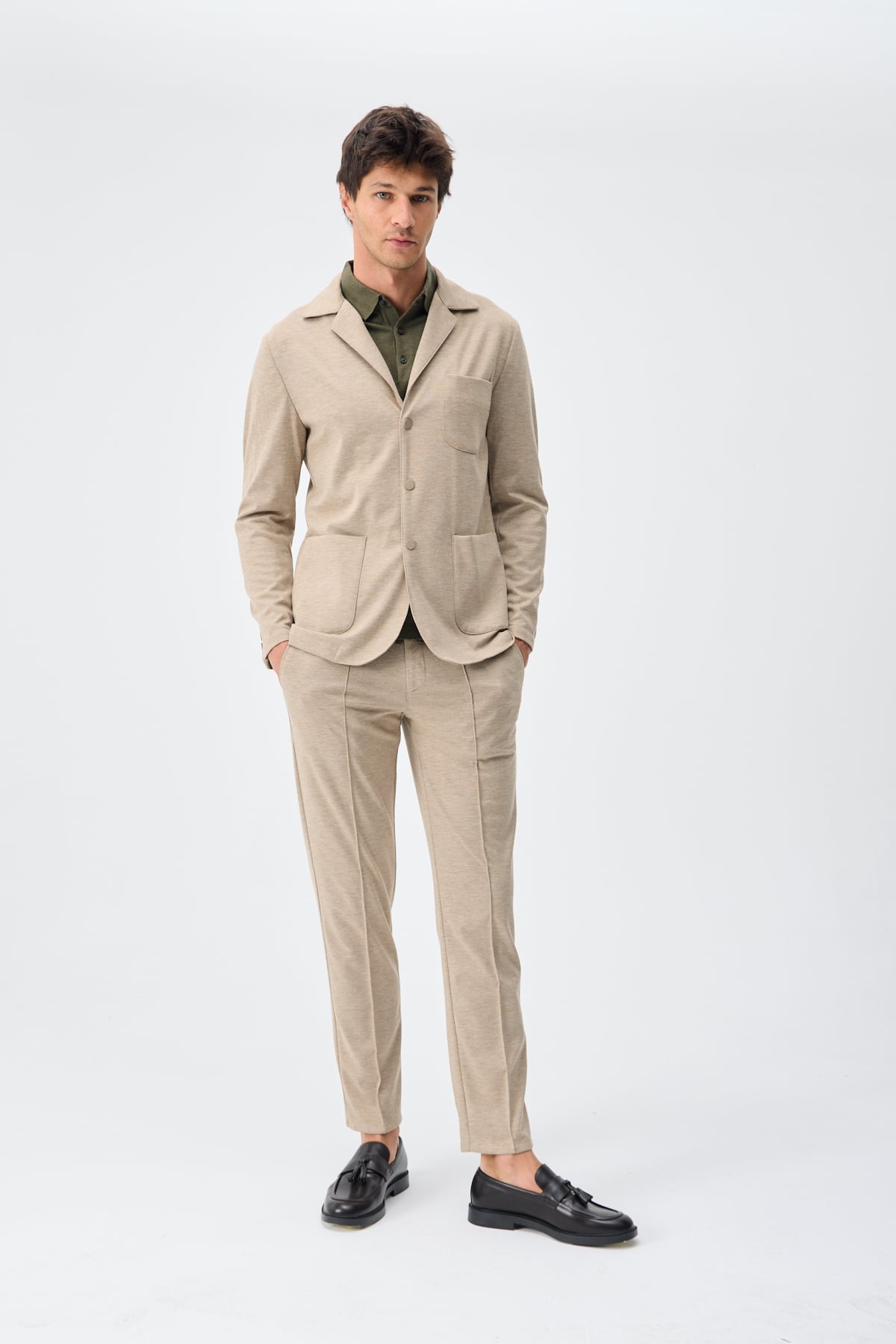Melanj Dokulu Casual Blazer Ceket - Vizon