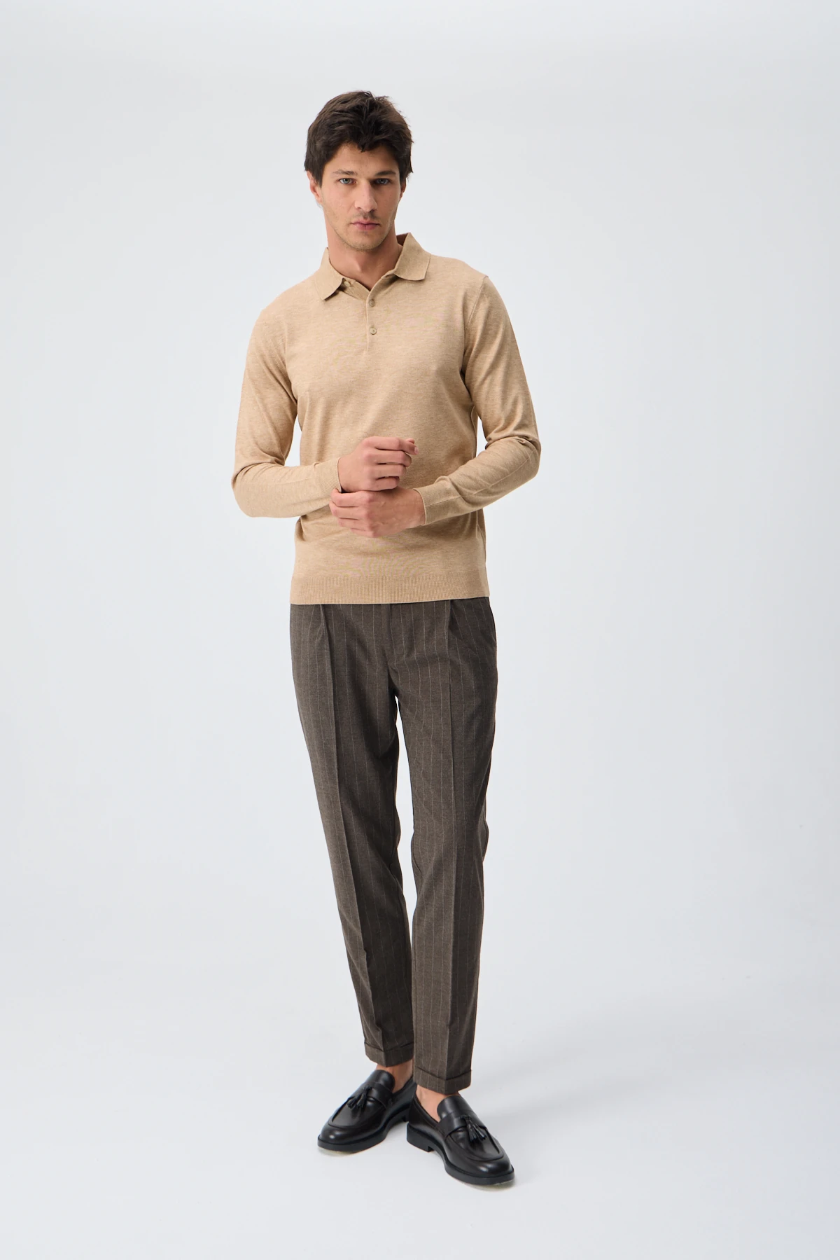 Kaşmir Karışımlı Düğmeli Polo Yaka Triko - Camel