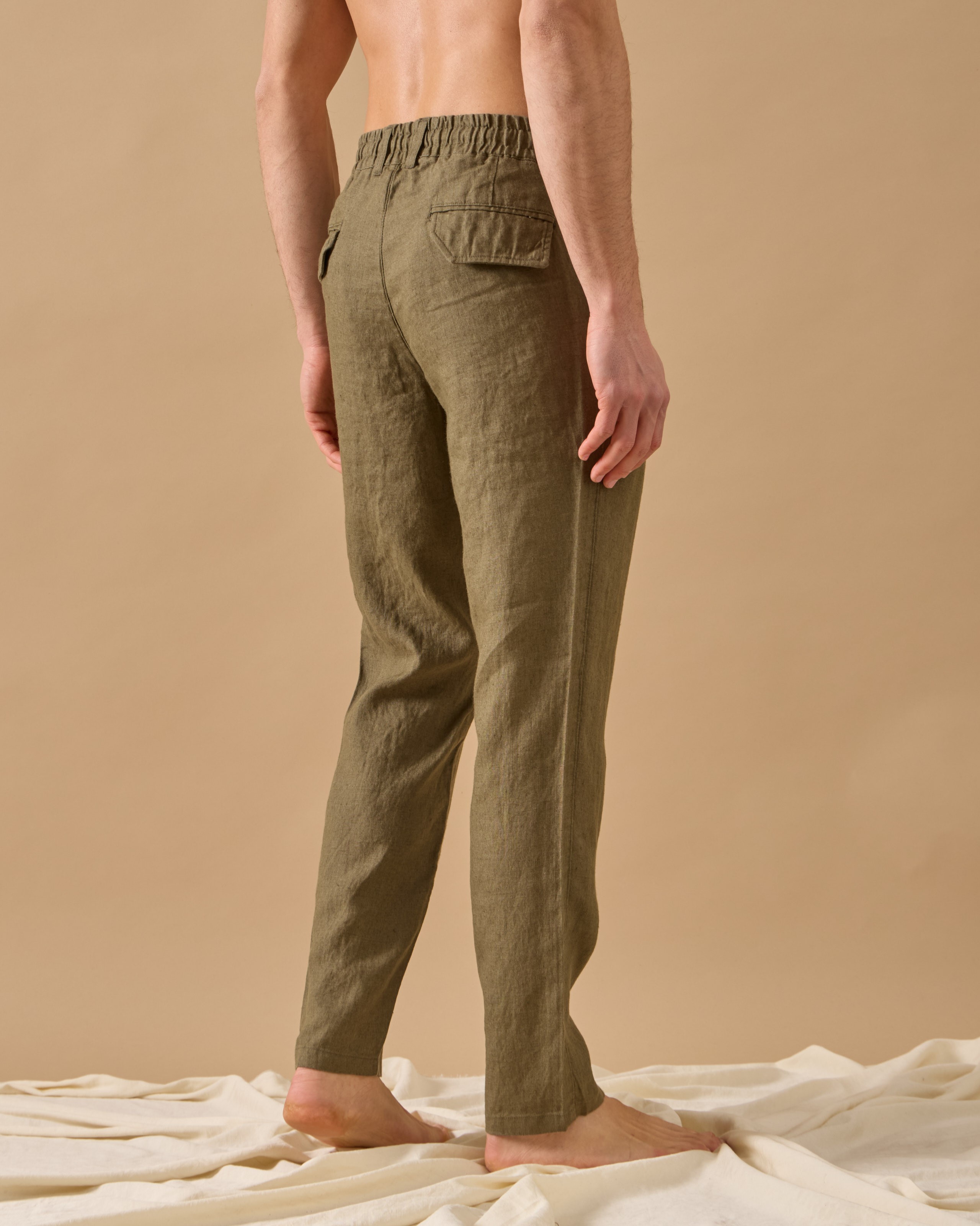 %100 Keten Lastikli Regular Fit Pantolon - Haki