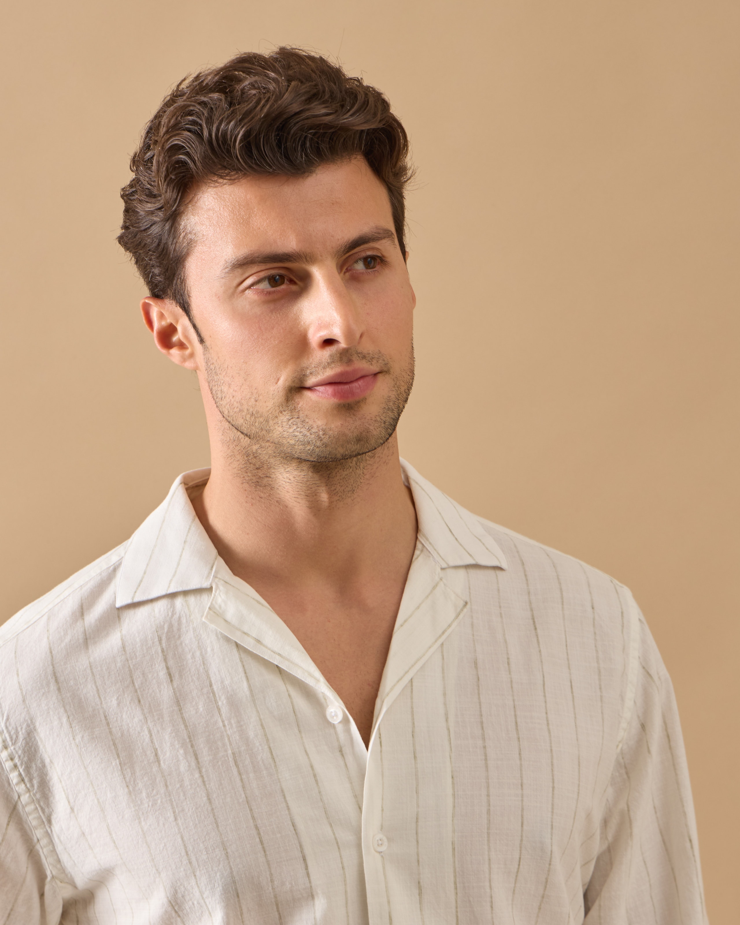 İnce Çizgili Relaxed Fit Keten Gömlek - Haki