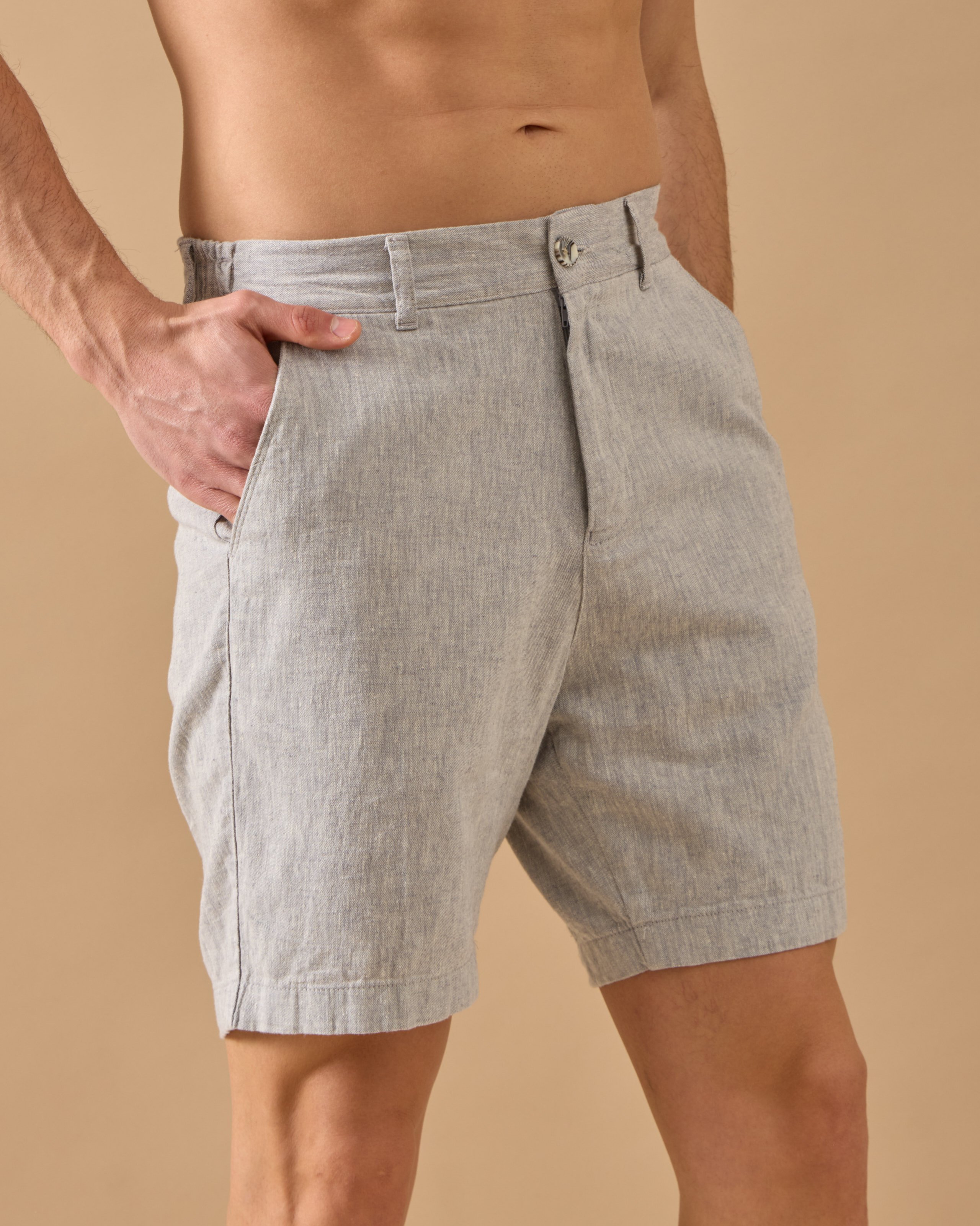 Arkası Lastikli Regular Fit Keten Şort - indigo