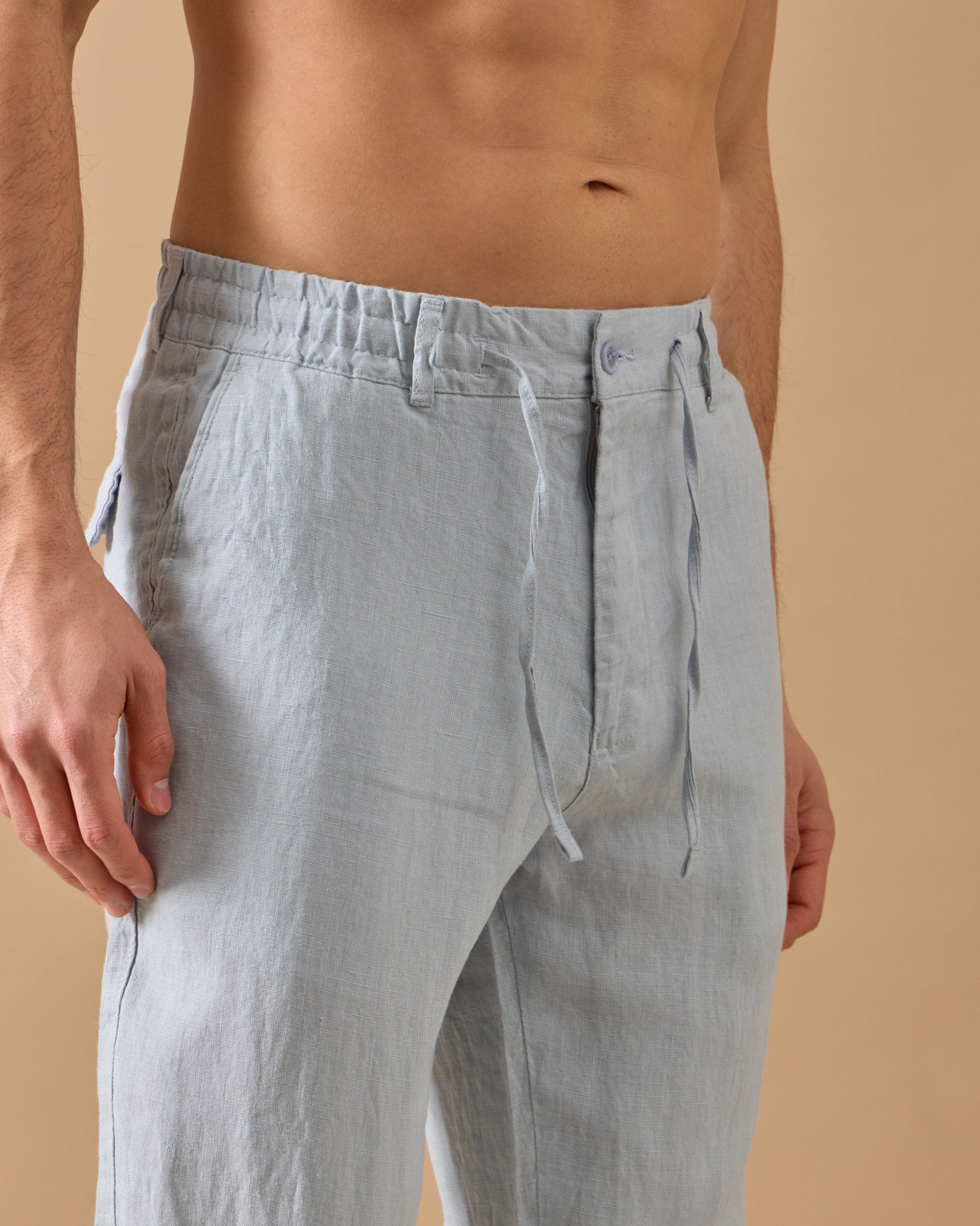 %100 Keten Lastikli Regular Fit Pantolon - mavi